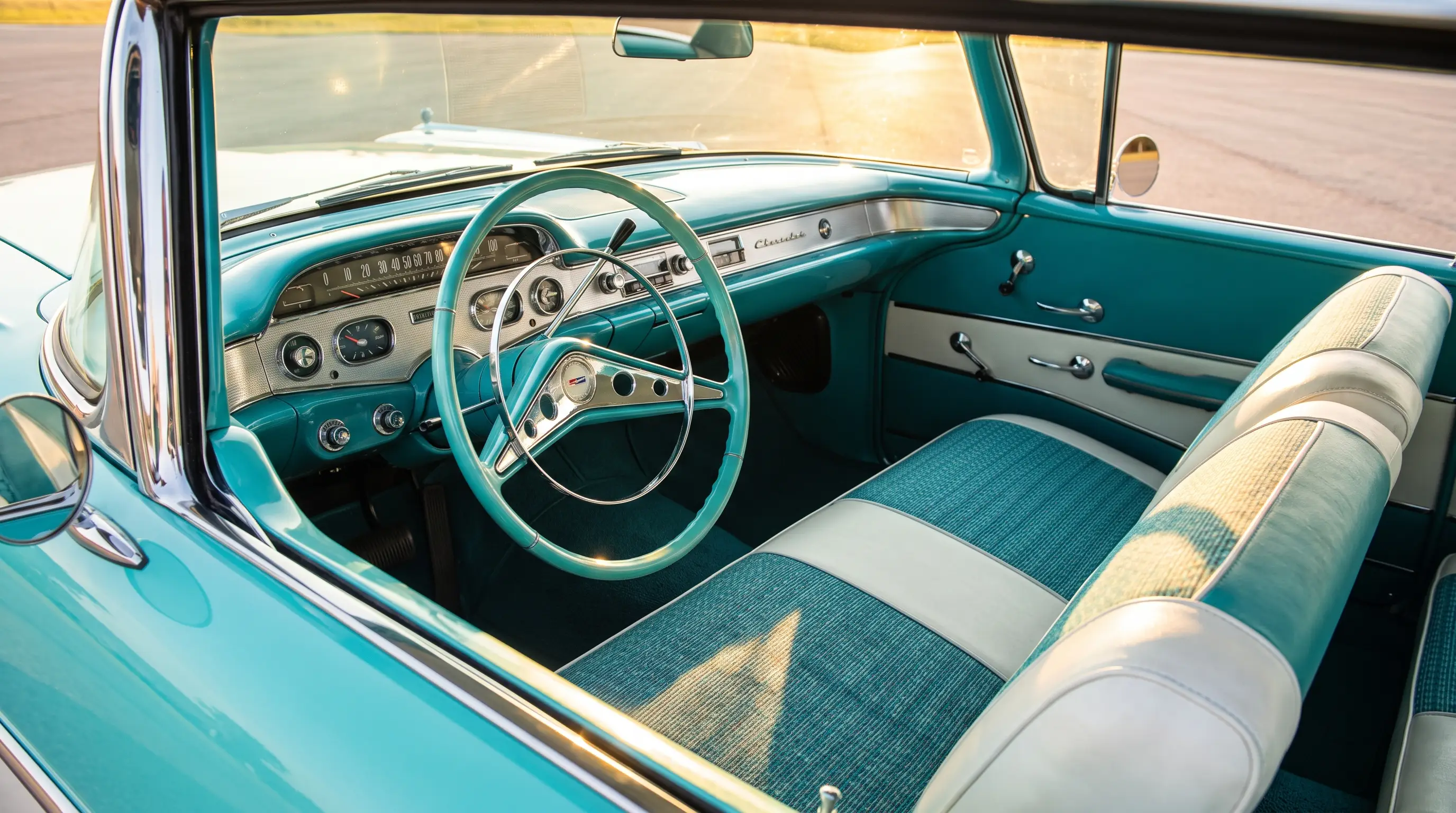 1958 Chevrolet Impala interior with turquoise upholstery and chrome dashboard in sunlight