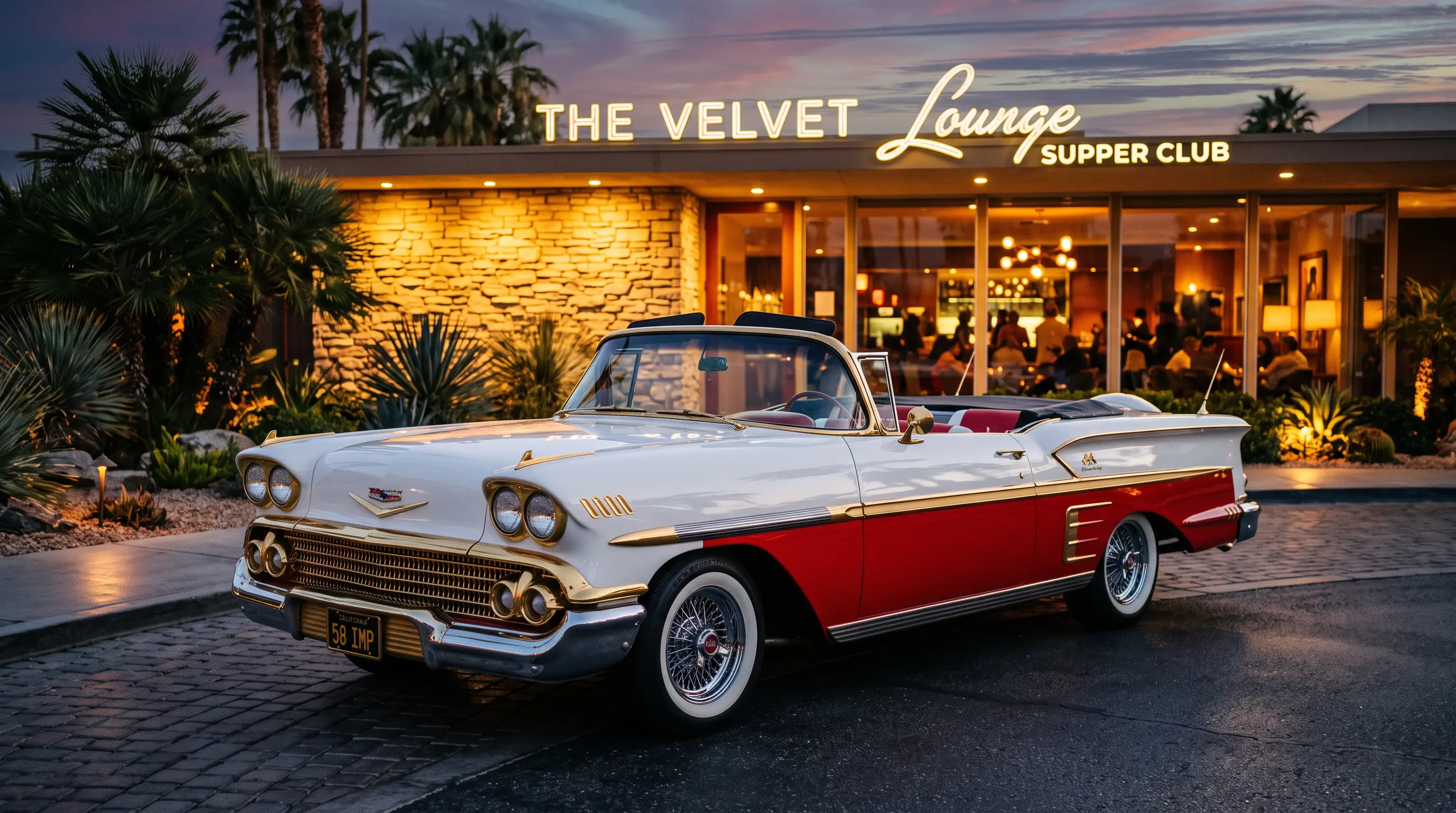 Luxurious 1958 Chevrolet Impala convertible outside a supper club at dusk with warm light