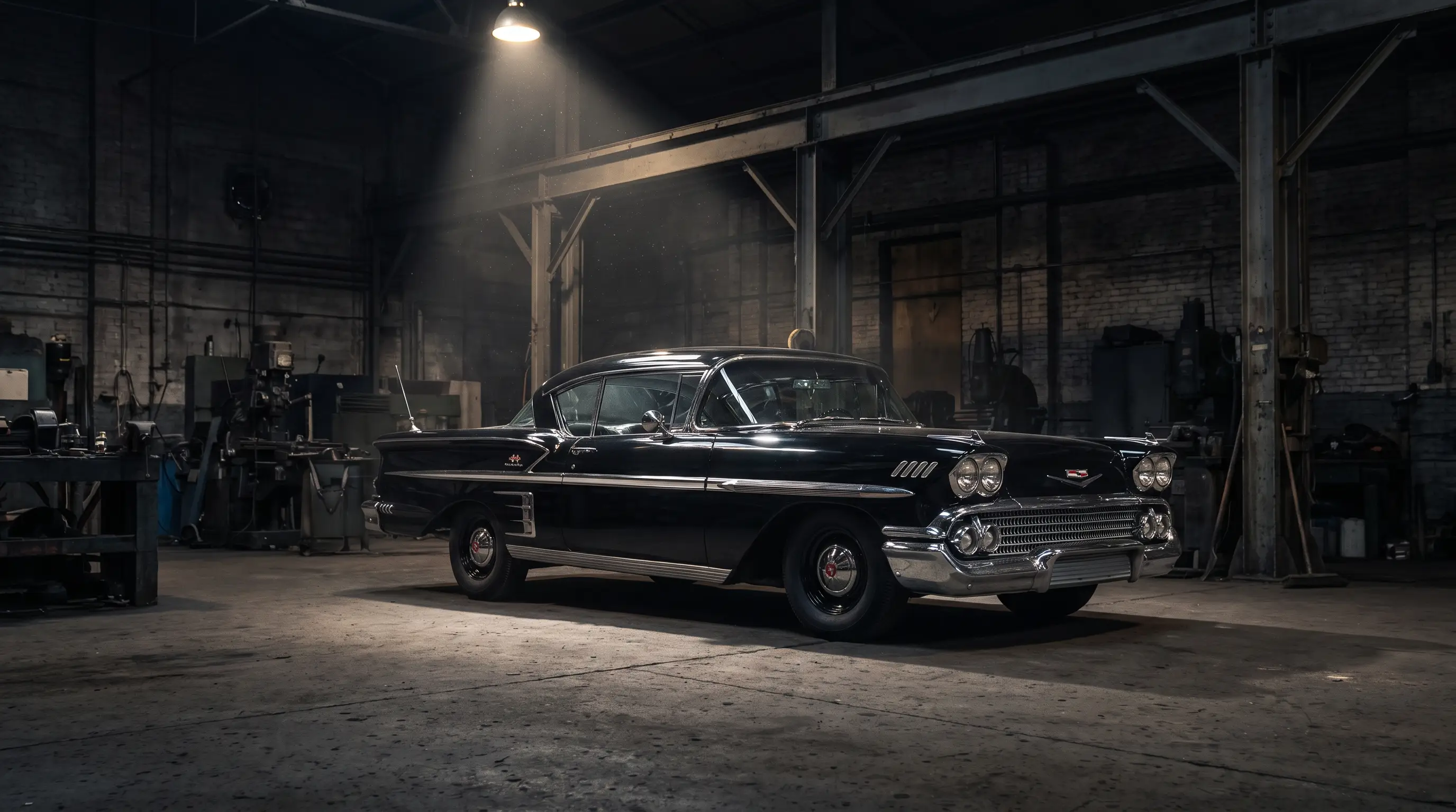 Black 1958 Chevrolet Impala Sport Coupe side profile in a moody studio garage