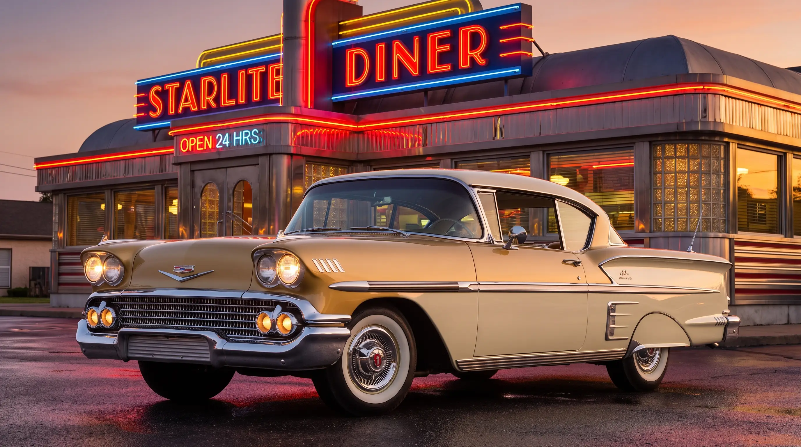 Cream and gold 1958 Impala Sport Coupe parked outside a neon lit diner at dusk