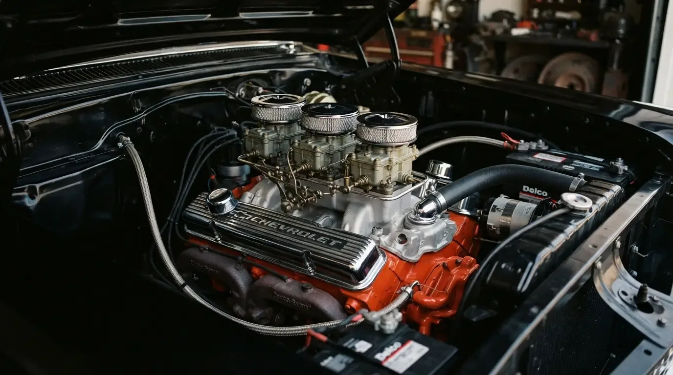 1958 Chevrolet 348 Tri-Power V8 engine bay close-up