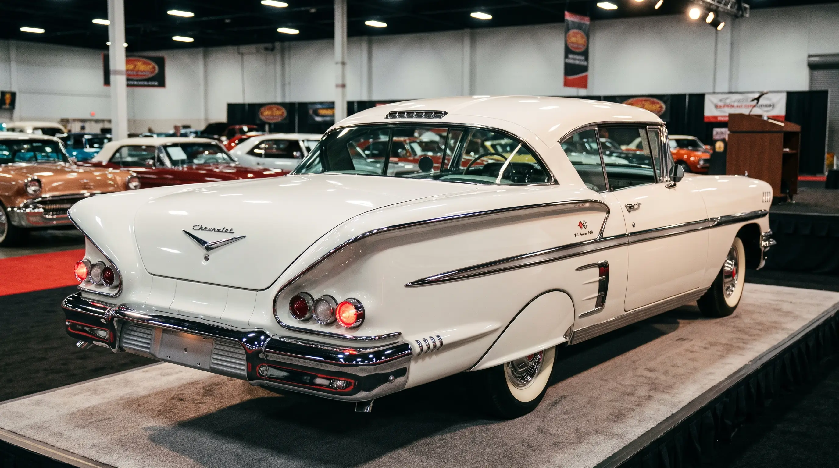 White 1958 Chevrolet Impala with Tri Power 348 badge at a bright collector car auction
