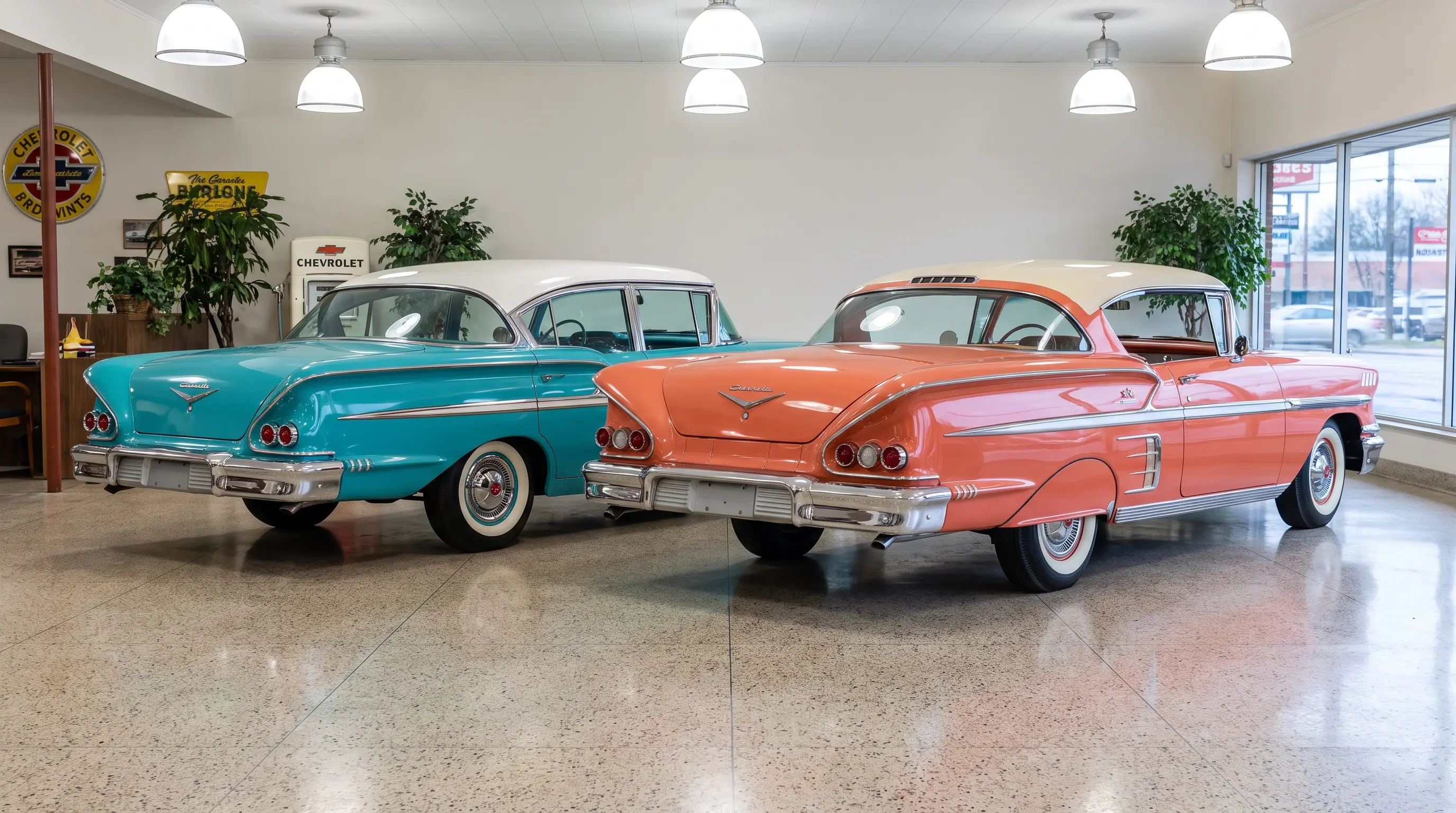1958 Chevrolet Impala parked beside a 1958 Bel Air on a bright showroom floor