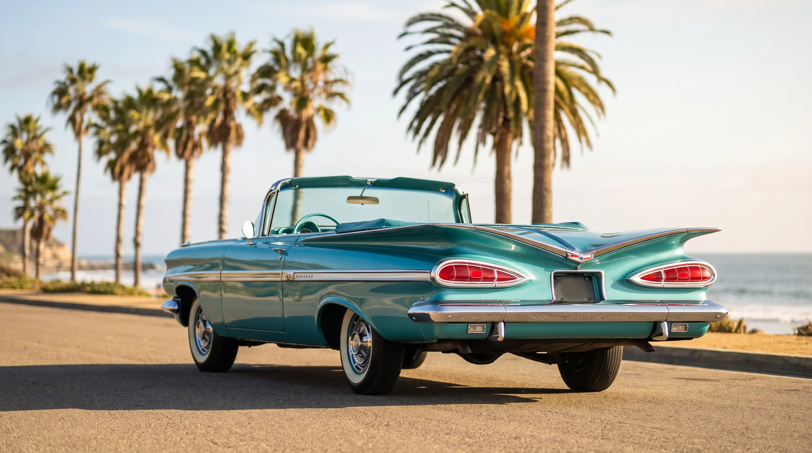 Turquoise 1959 Chevrolet Impala convertible with tailfins on a coastal boulevard