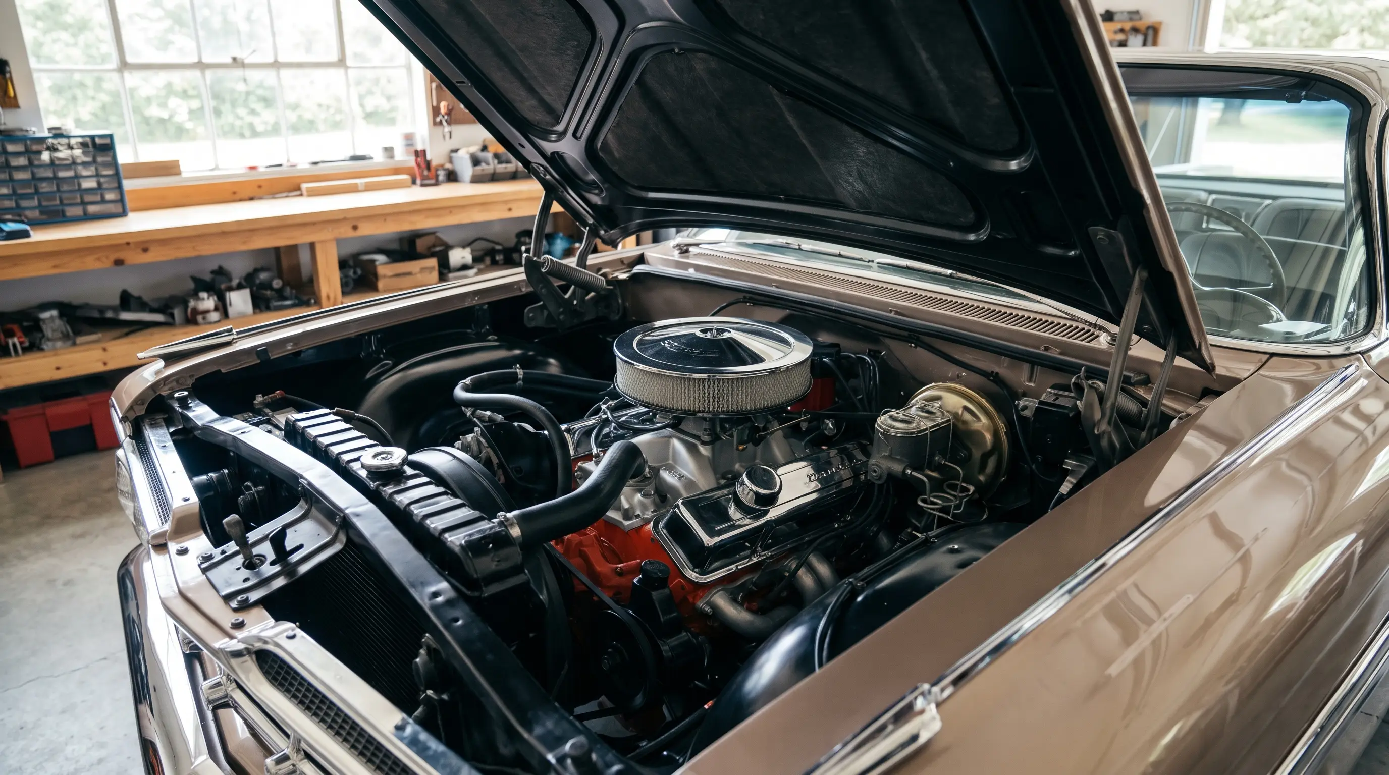 Open hood engine bay of a 1959 Chevrolet Impala with a 283 V8
