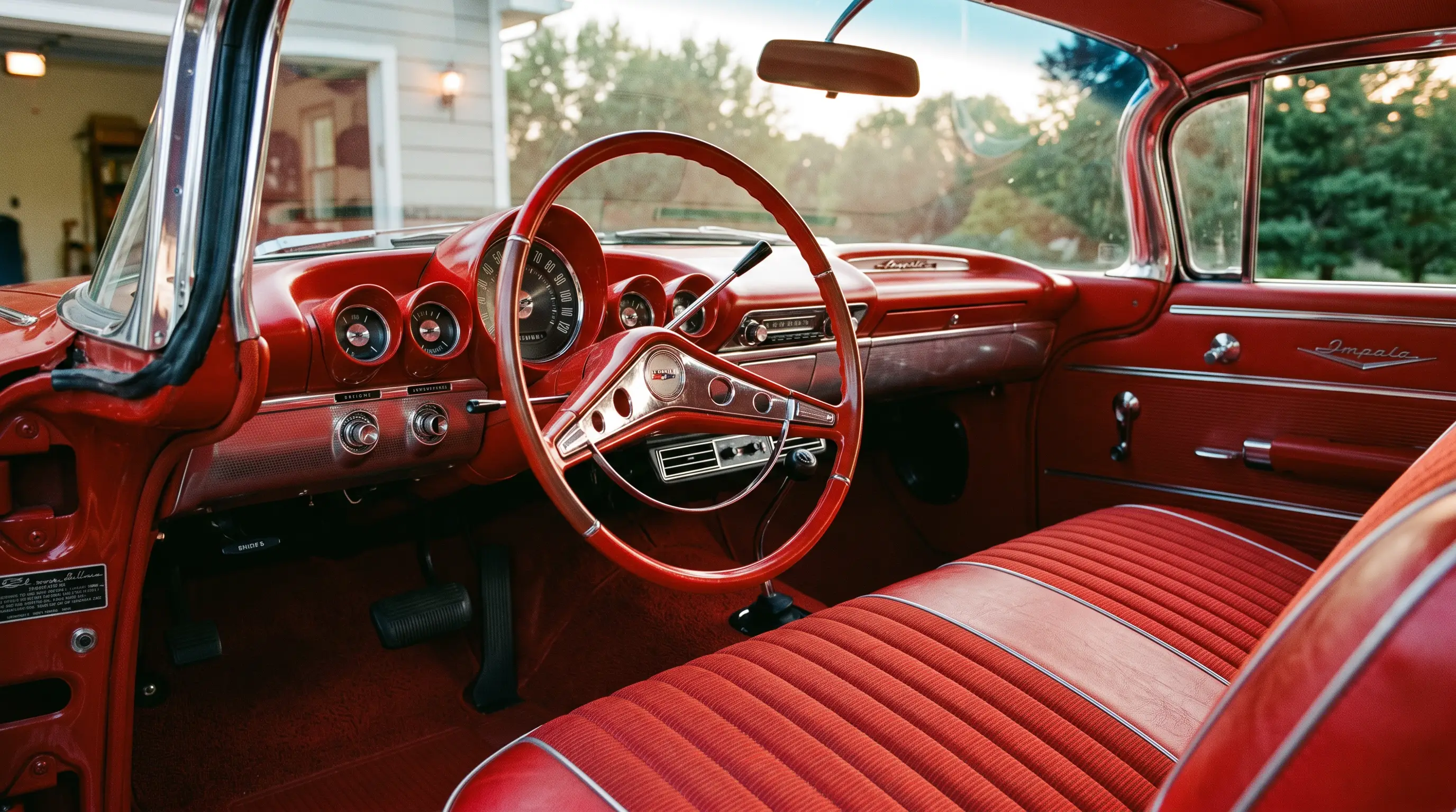 Interior of a 1959 Chevrolet Impala with jet age dashboard gauges and chrome trim