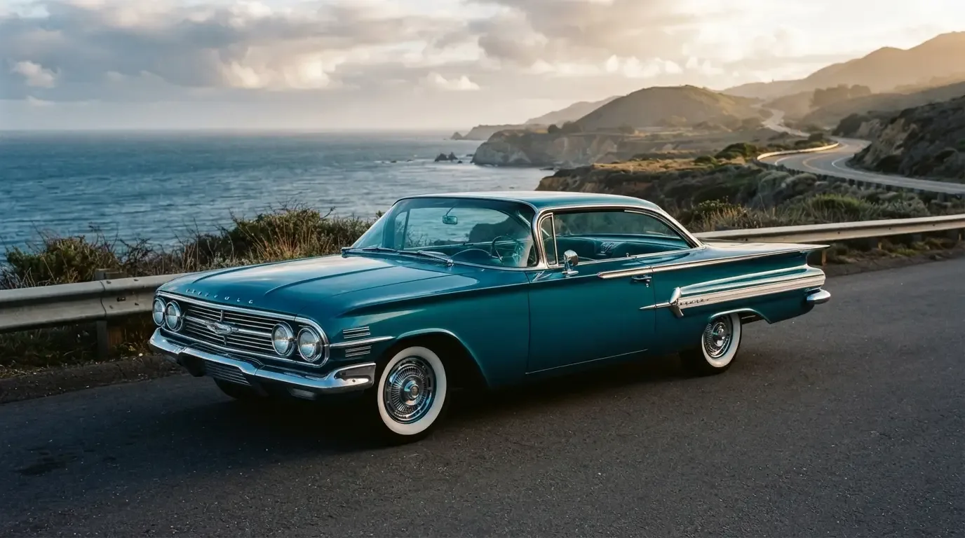 1959-1960 Chevrolet Impala with batwing fins, three-quarter front view