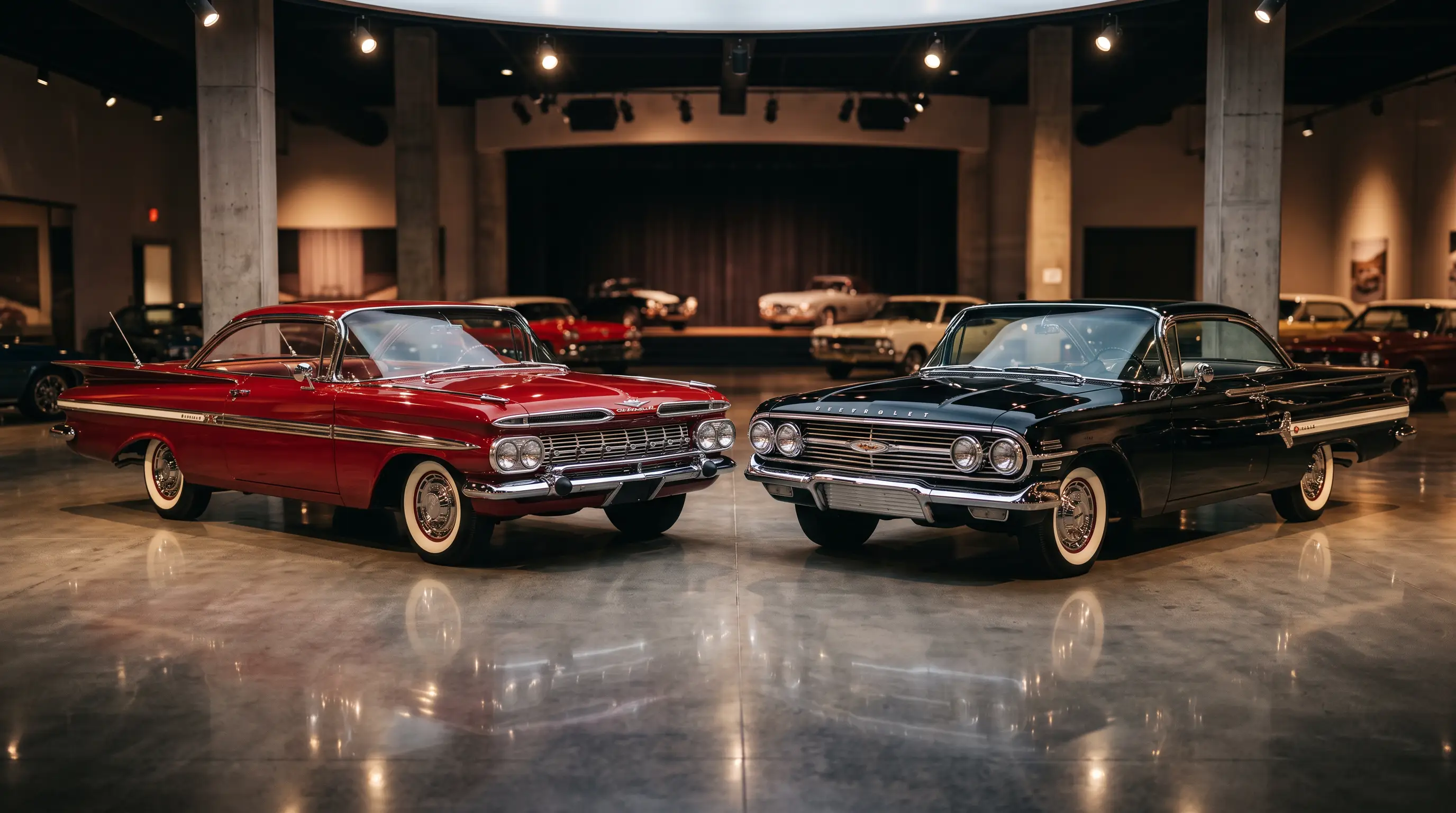 1959 and 1960 Chevrolet Impalas parked side by side in an auction showroom