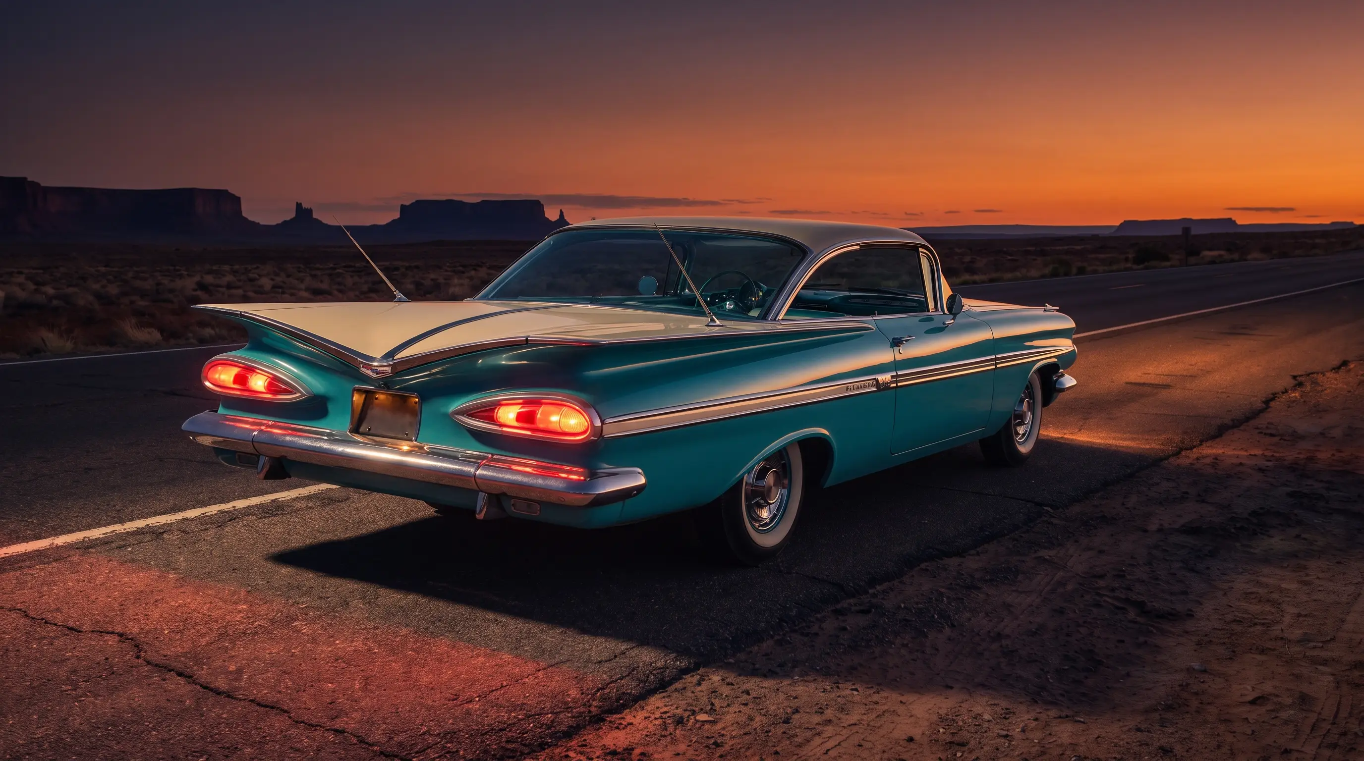 1959 Chevrolet Impala rear view showing its dramatic batwing fins on a desert highway at dusk