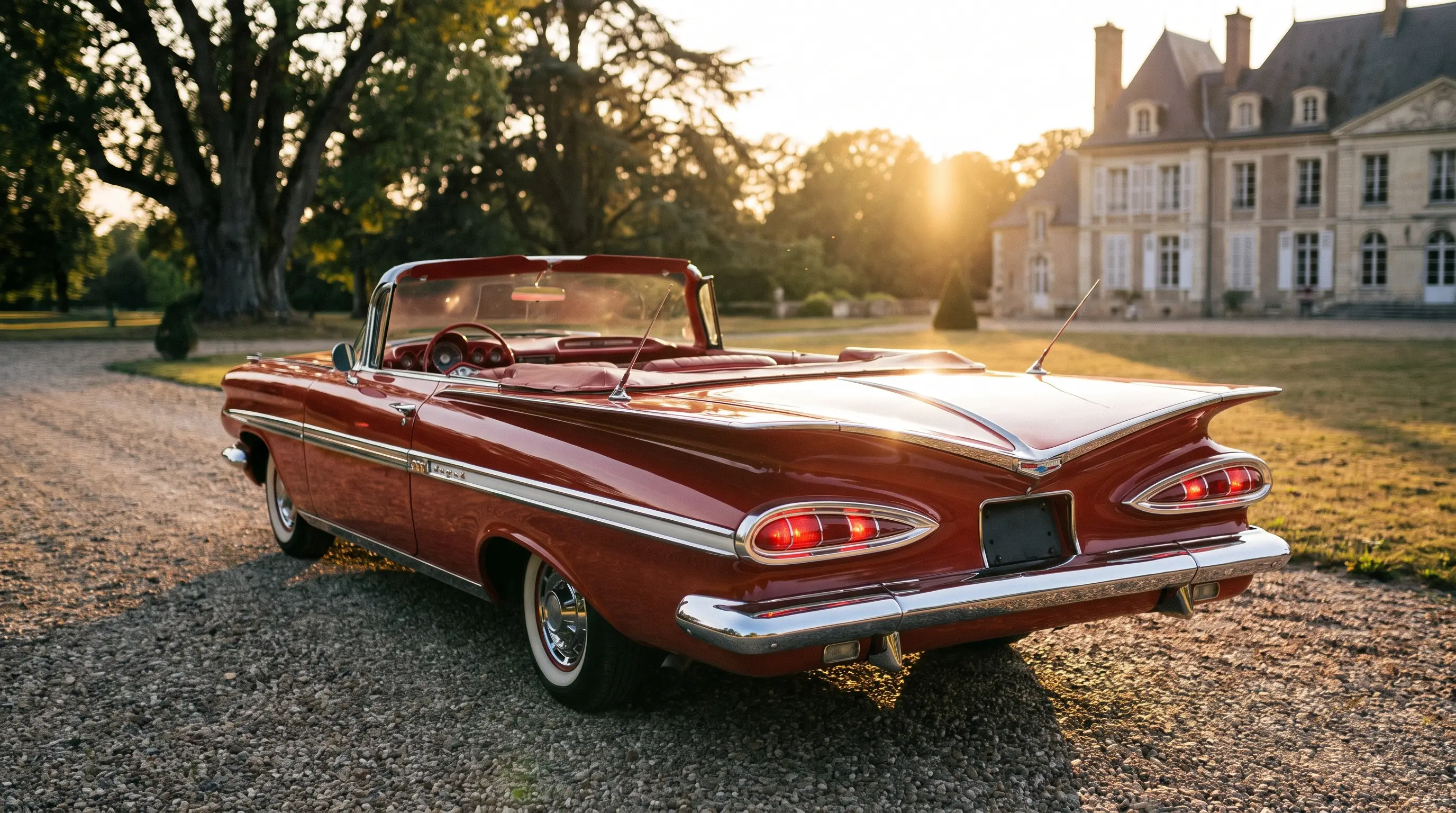 Red 1959 Impala convertible with top down on a grand estate driveway