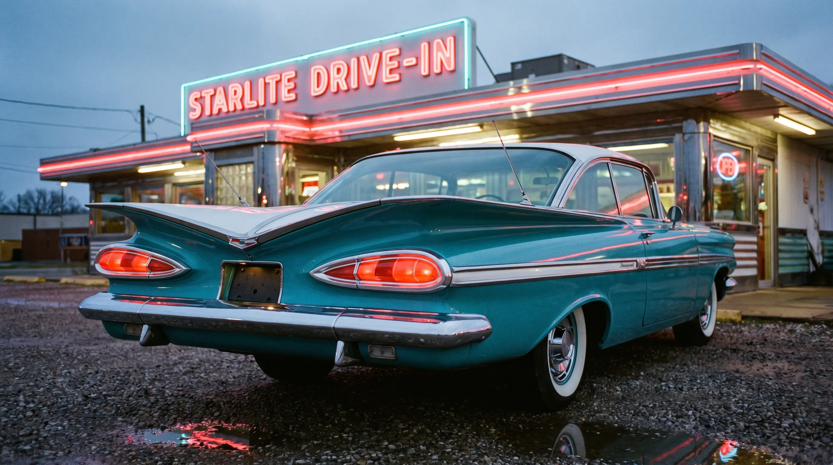 1959 Chevrolet Impala with batwing rear fins at a retro drive in diner at dusk