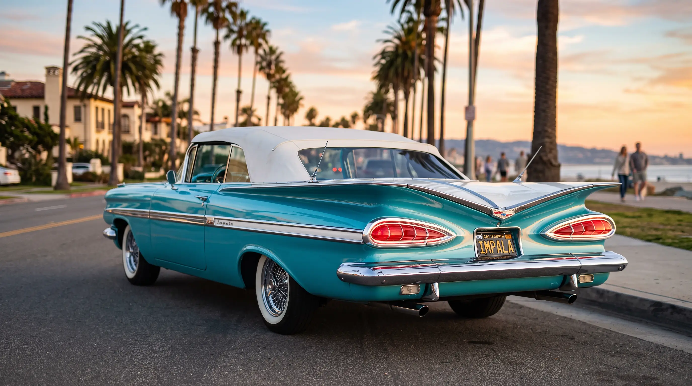 Turquoise 1959 Chevrolet Impala convertible with cat eye taillights at golden hour