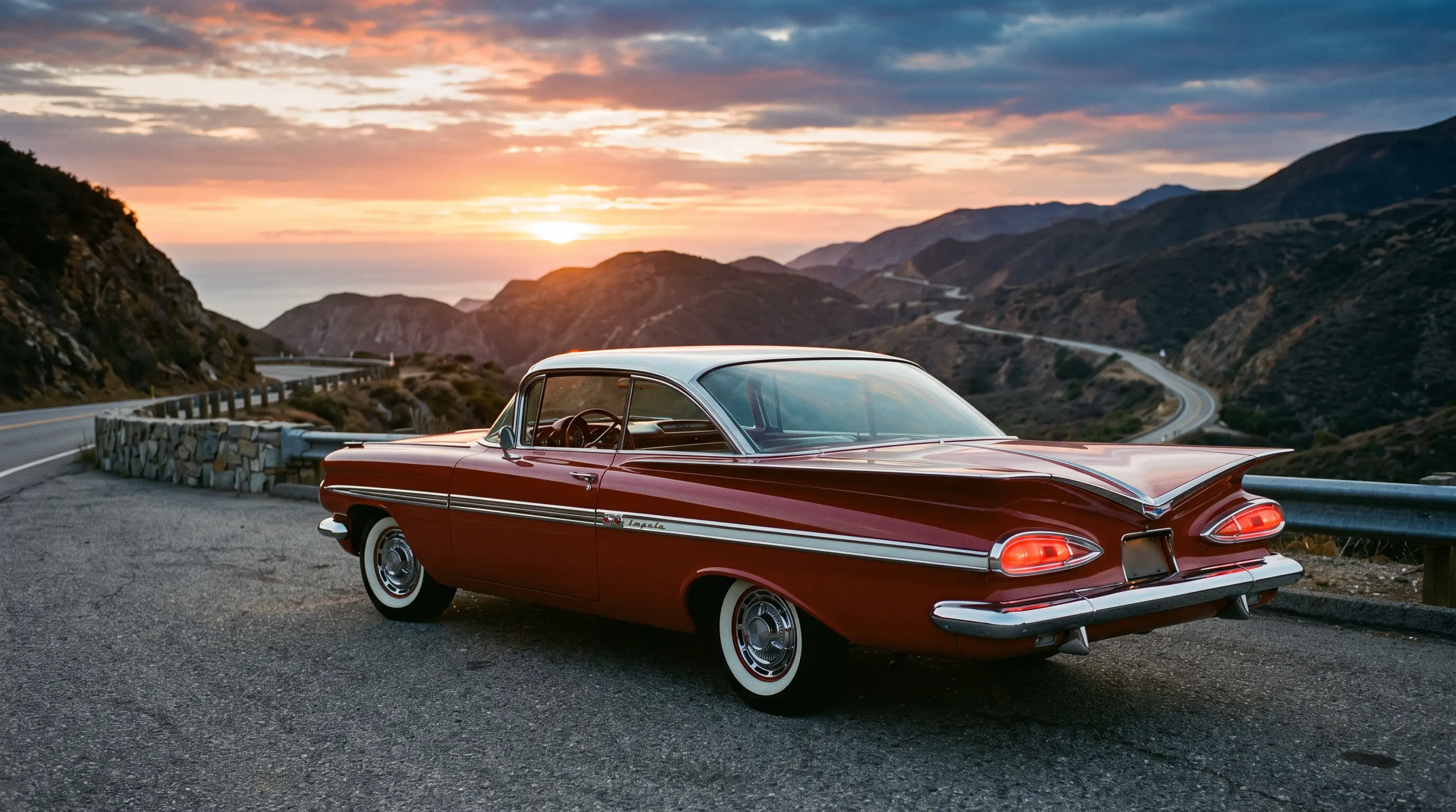 1959 Chevrolet Impala with bat-wing tailfins on a highway overlook at sunset