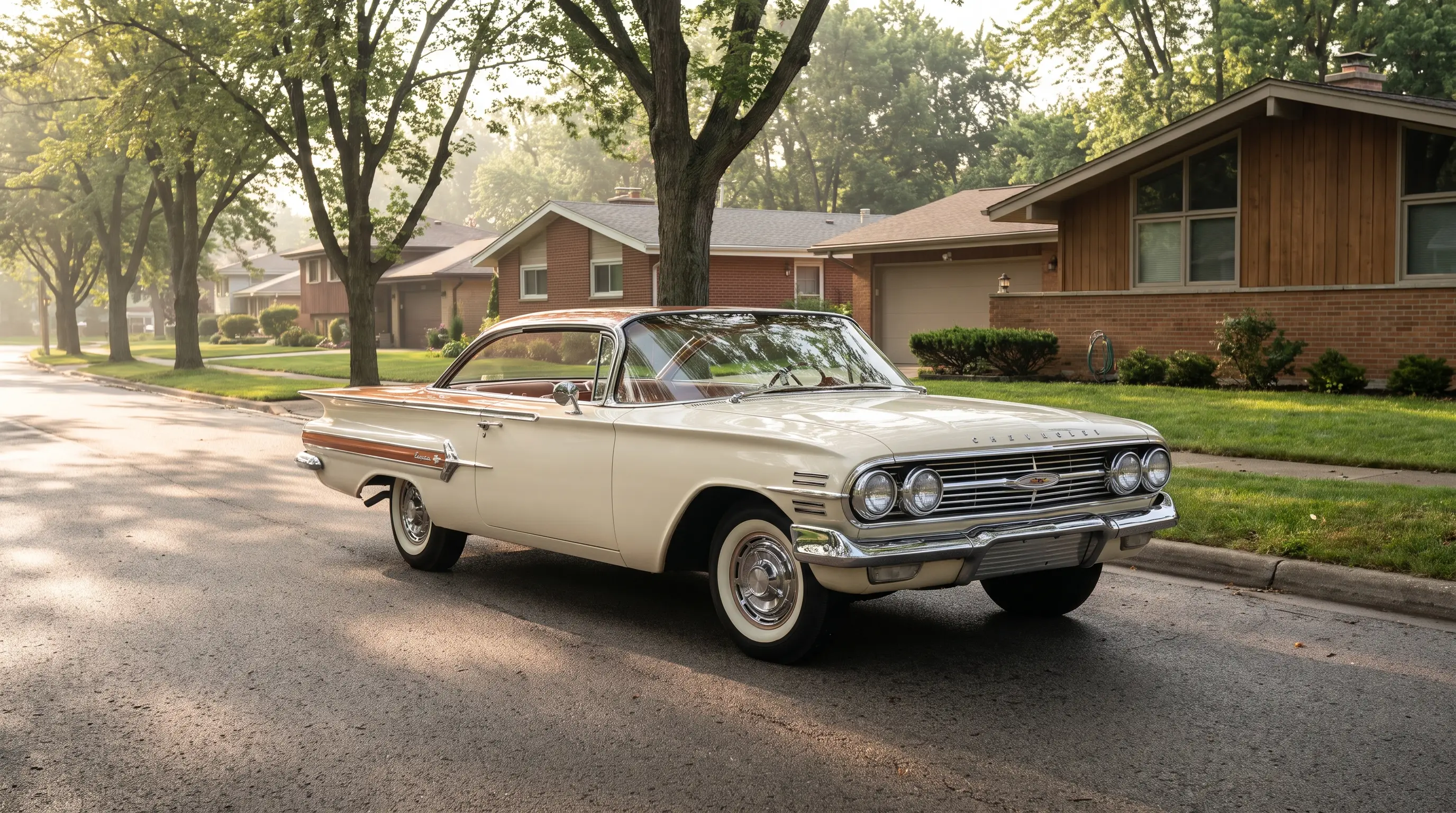 Cream and copper 1960 Chevrolet Impala parked on a quiet suburban street