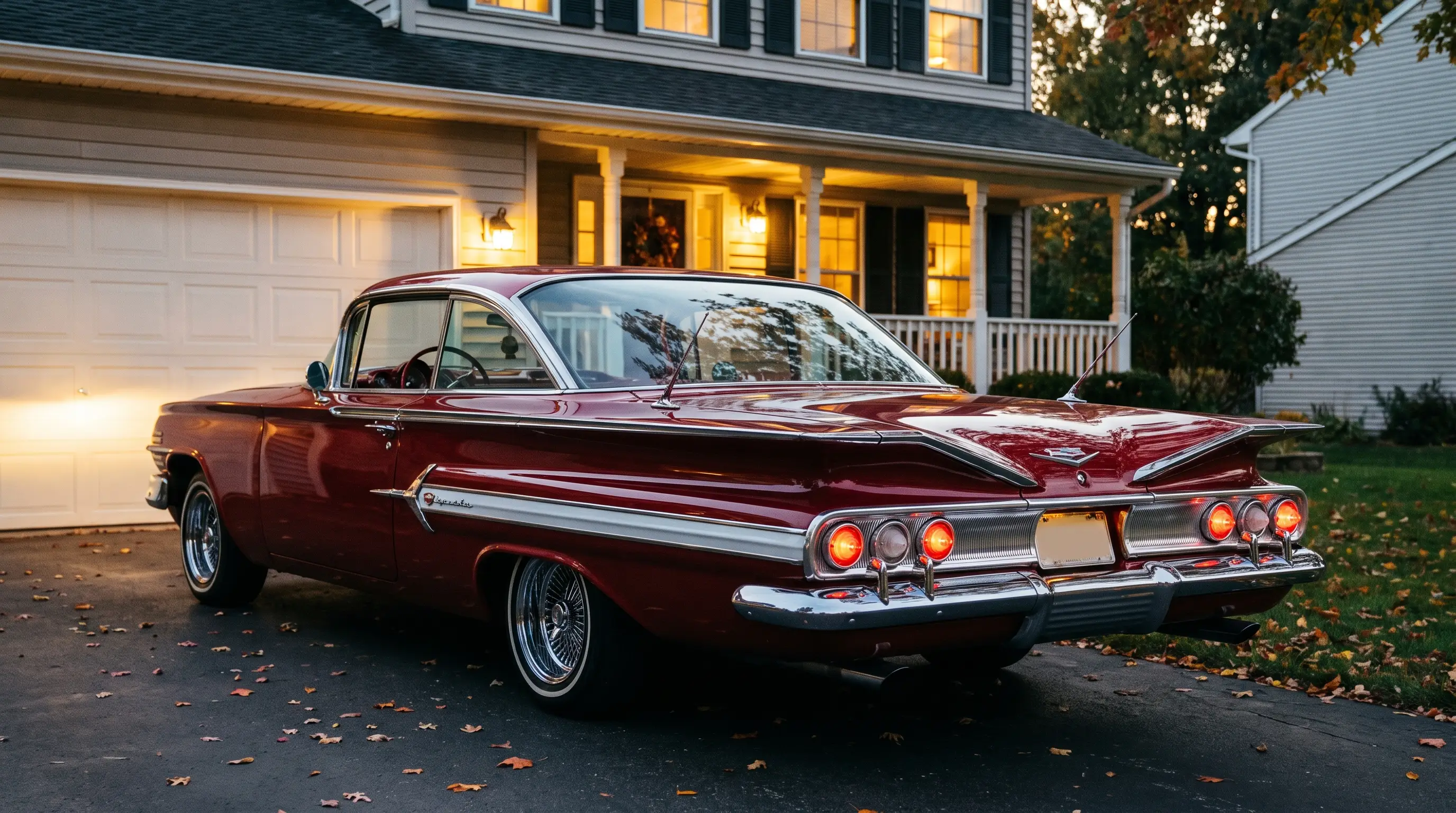 1960 Chevrolet Impala with triple taillights parked in a suburban driveway at dusk