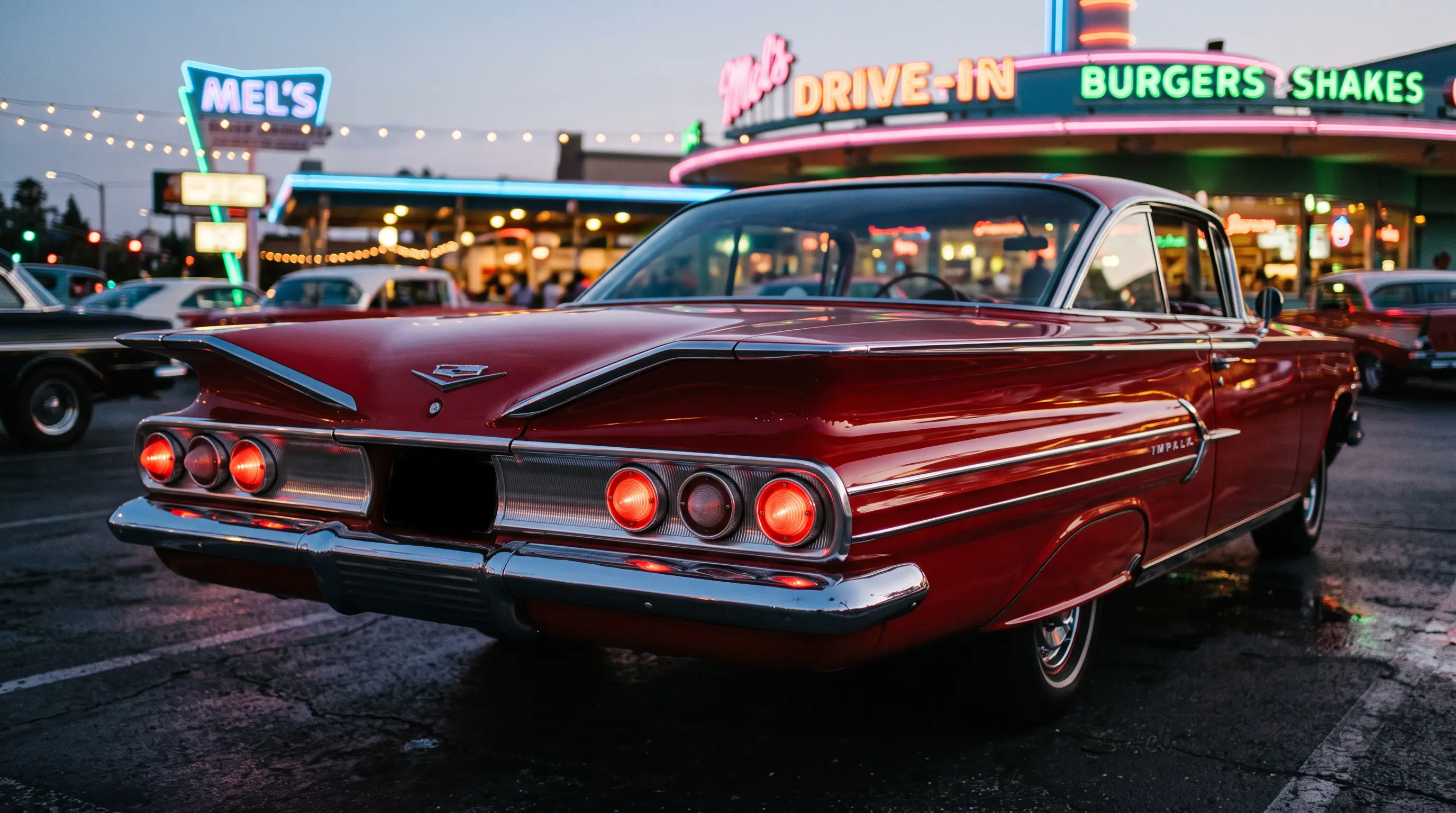 1960 Chevrolet Impala rear end showing triple round taillights at dusk
