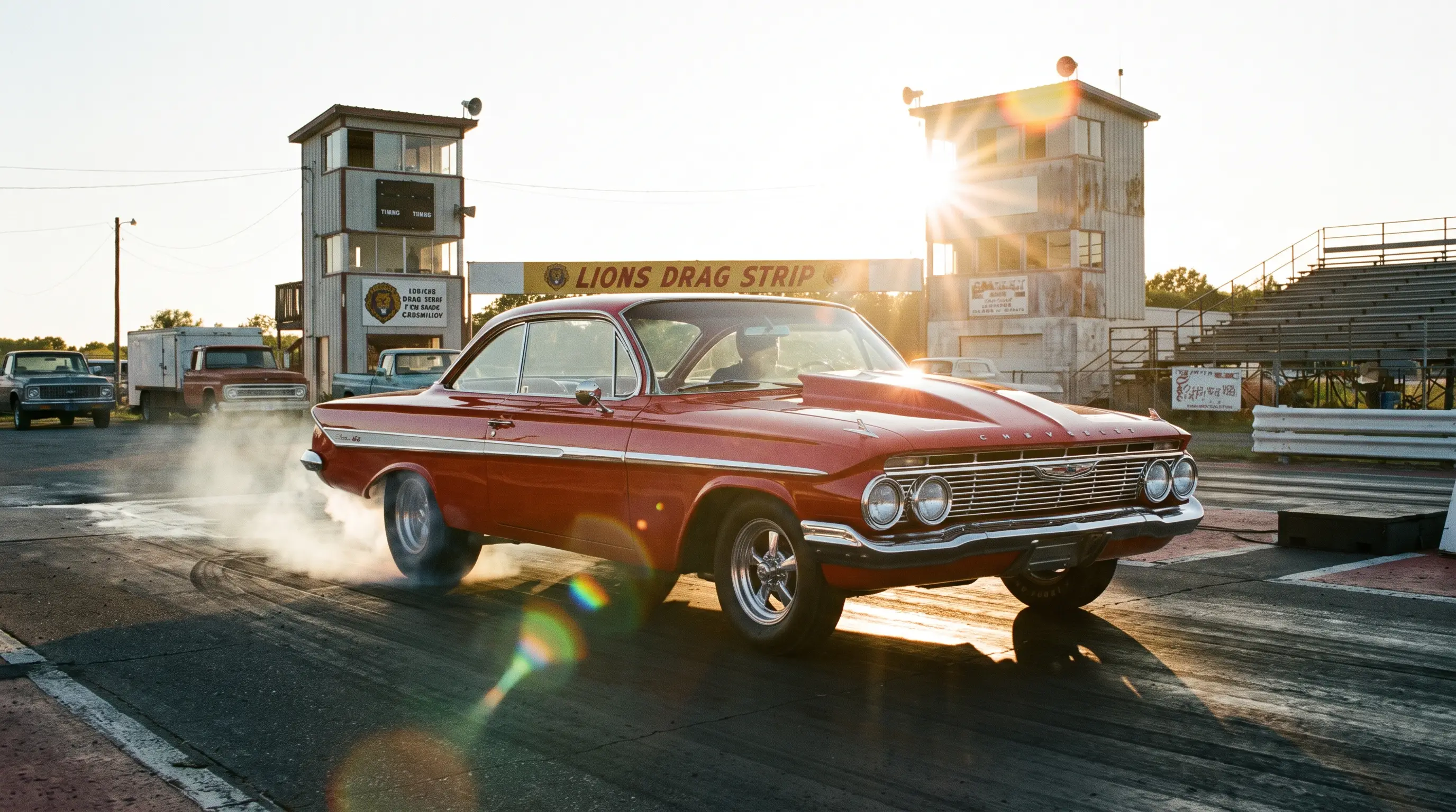 Red 1961 Chevrolet Impala SS 409 hardtop at a vintage drag strip in golden hour light