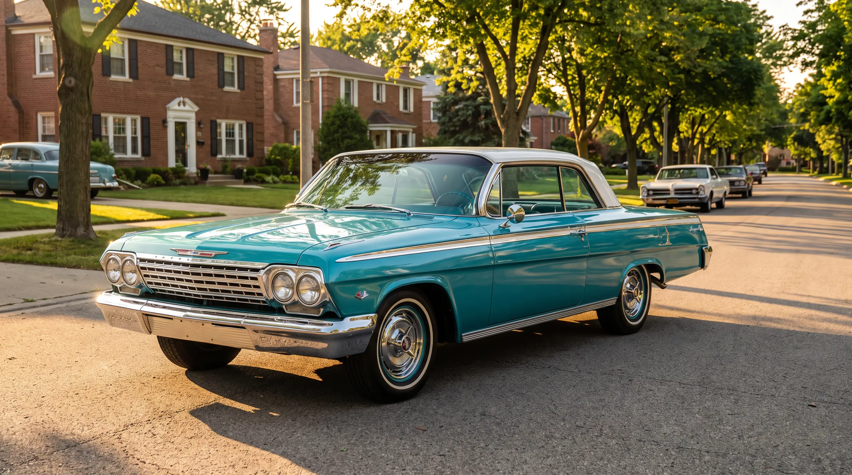 1961 to 1964 Chevrolet Impala Sport Coupe parked on a sunlit boulevard at golden hour
