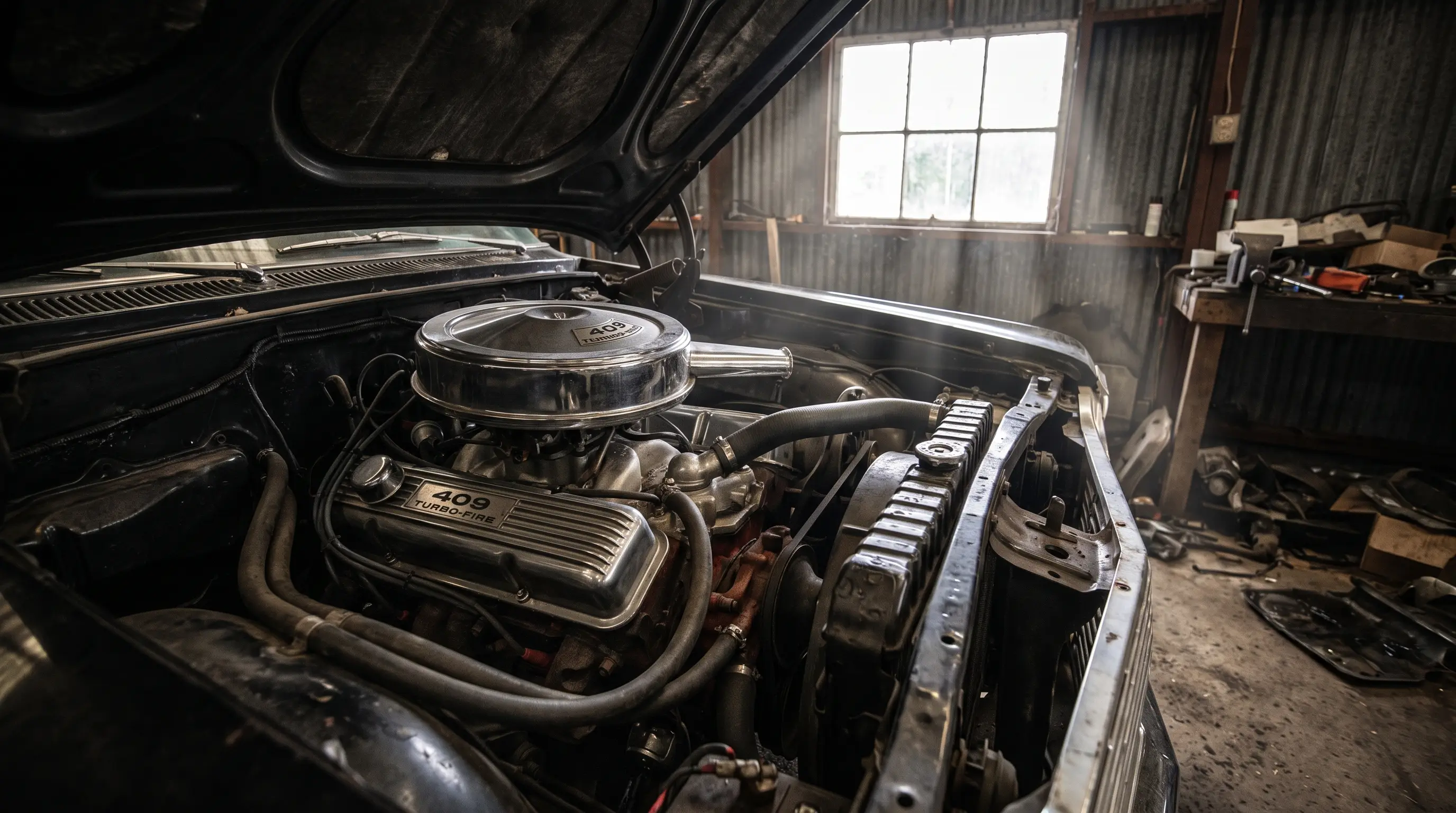 Chrome 409 big block V8 engine bay of a 1961 to 1964 Chevrolet Impala in a dark garage