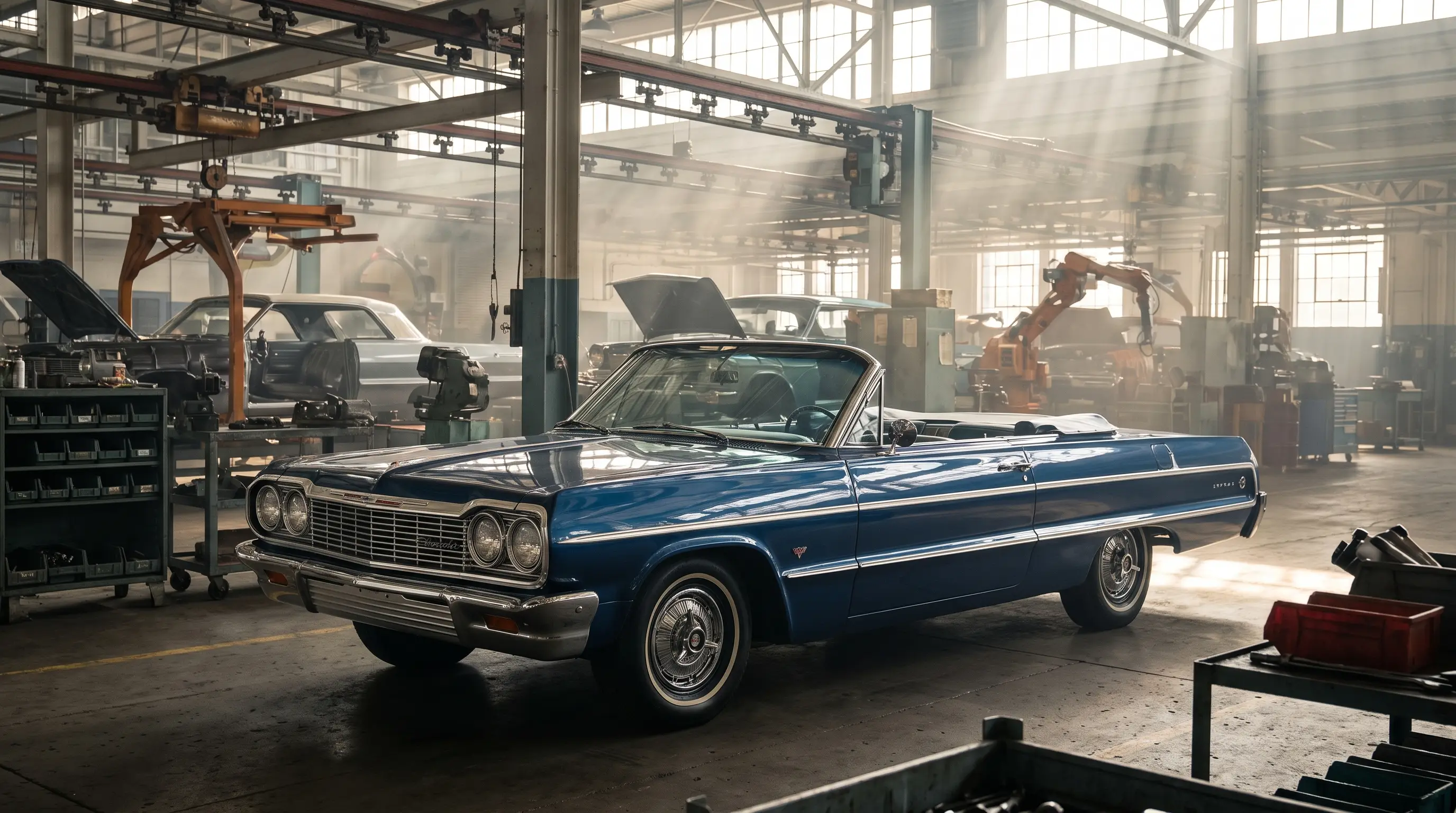 1964 Chevrolet Impala on a factory assembly line under industrial light