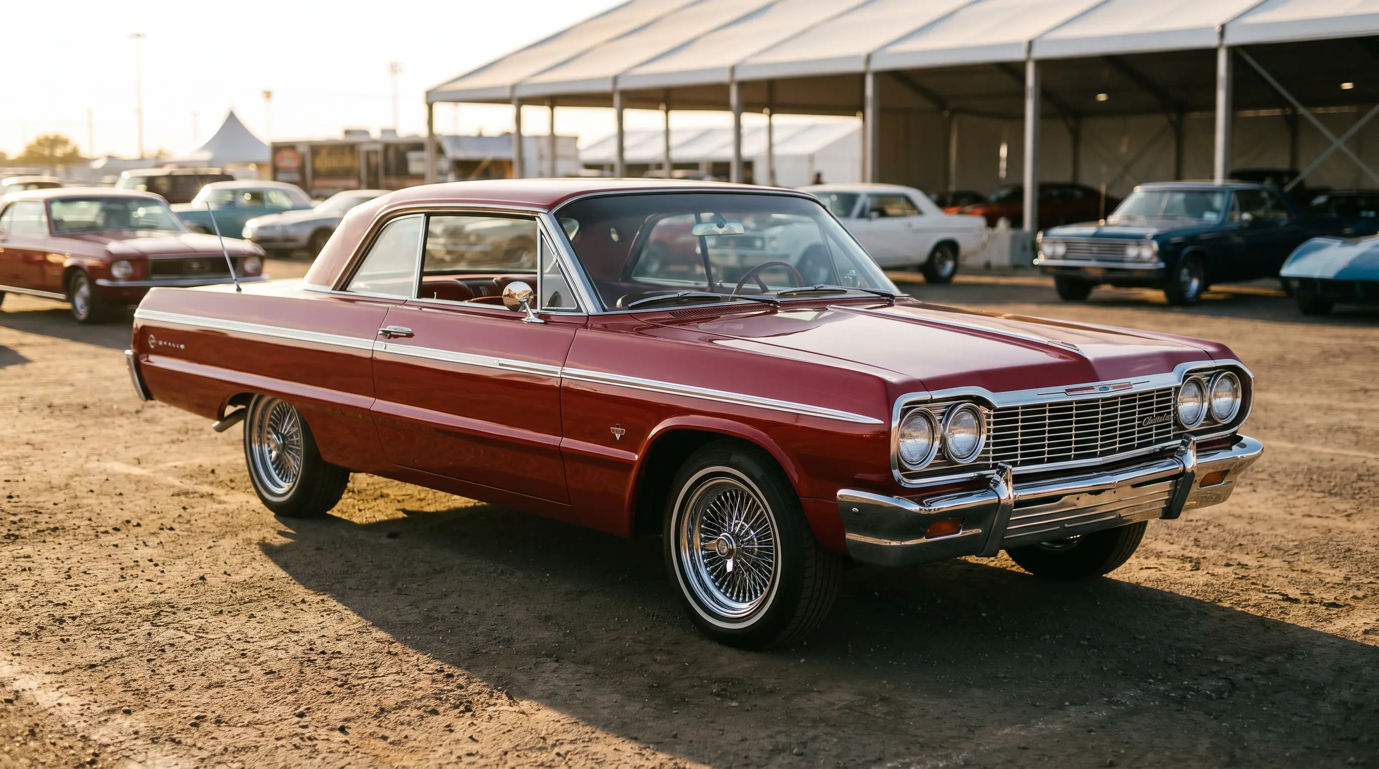 Candy red 1964 Impala SS at a sunlit classic car auction preview