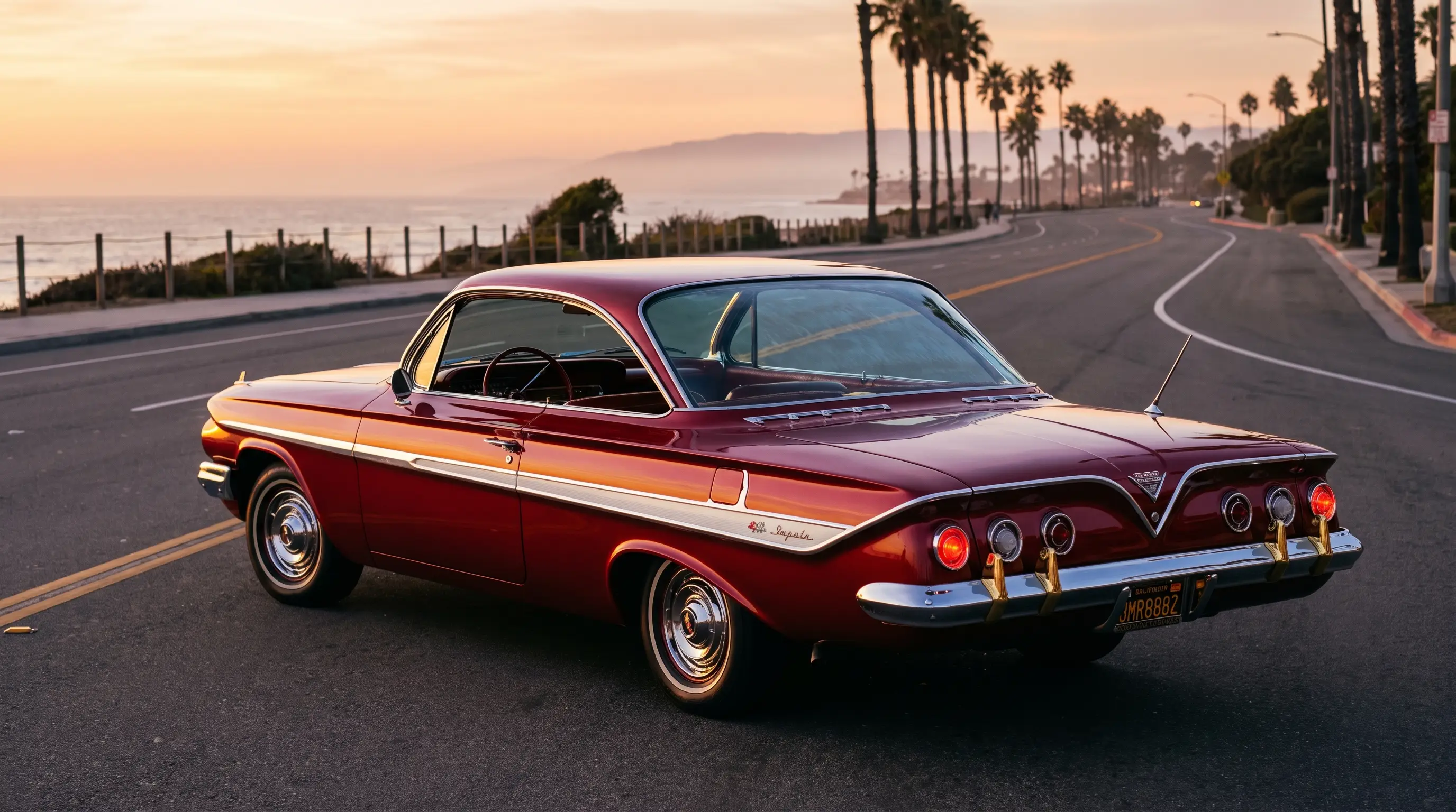 1961 Chevrolet Impala Bubble Top on a coastal road at sunset