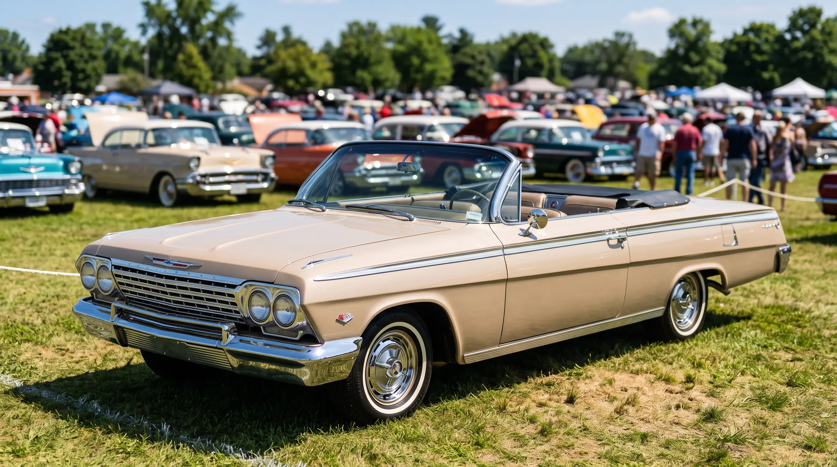 Beige 1962 Chevrolet Impala convertible with top down at a sunny classic car show