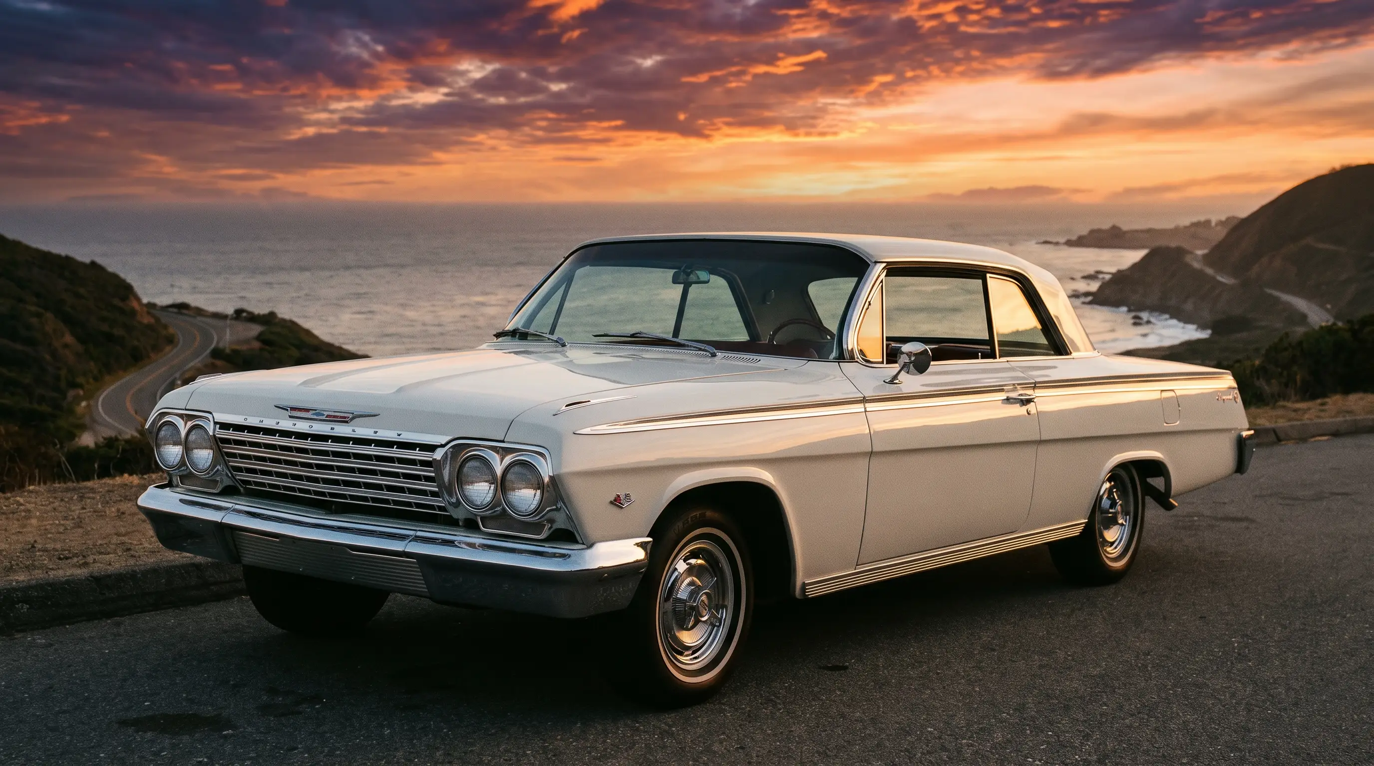 White 1962 Chevrolet Impala bubble top hardtop on a coastal highway at sunset