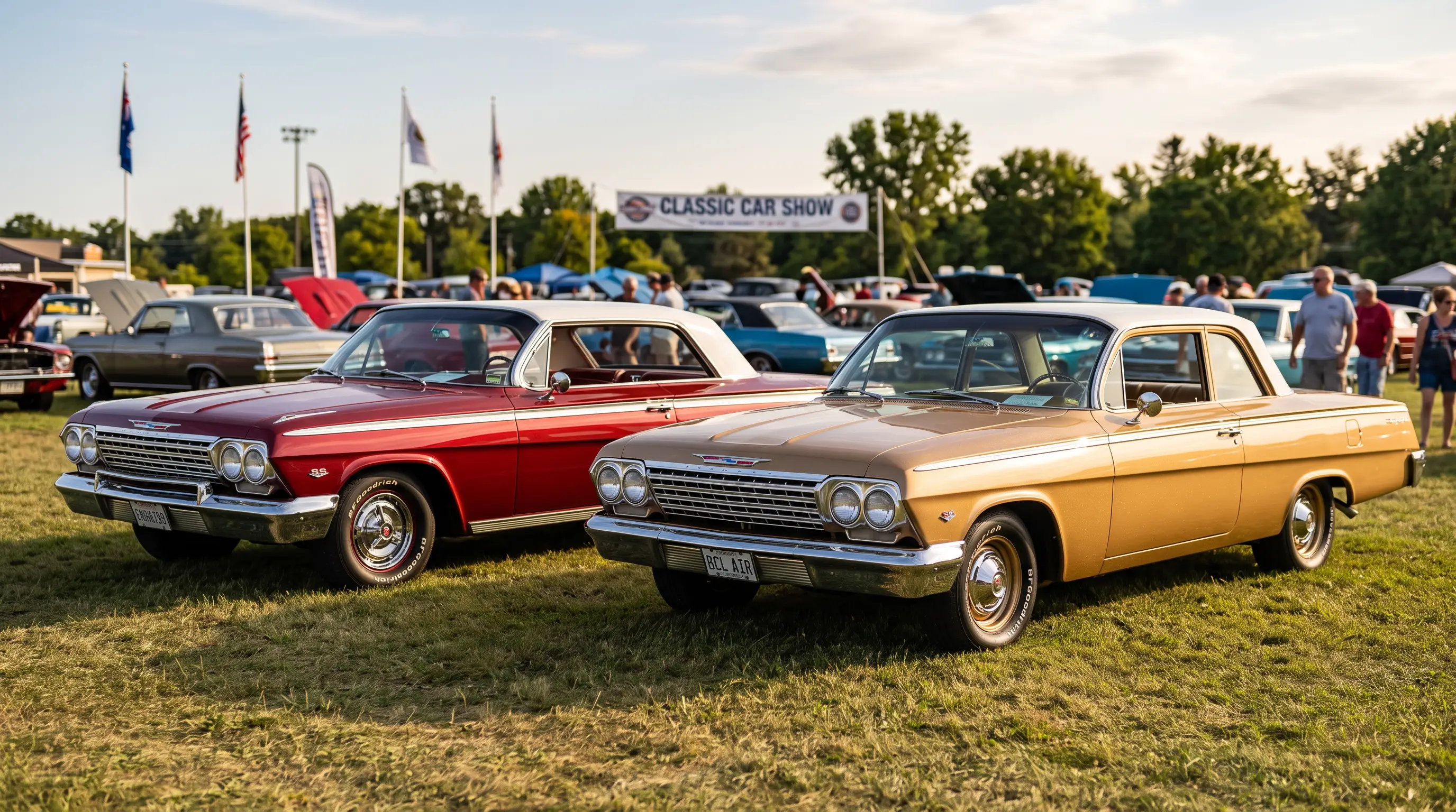 1962 Chevrolet Impala and Bel Air parked together at a sunlit classic car show