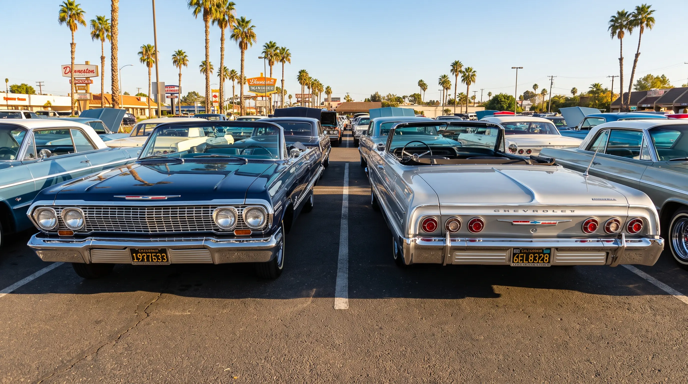 Blue 1963 Impala parked beside a silver 1964 Impala showing trim differences