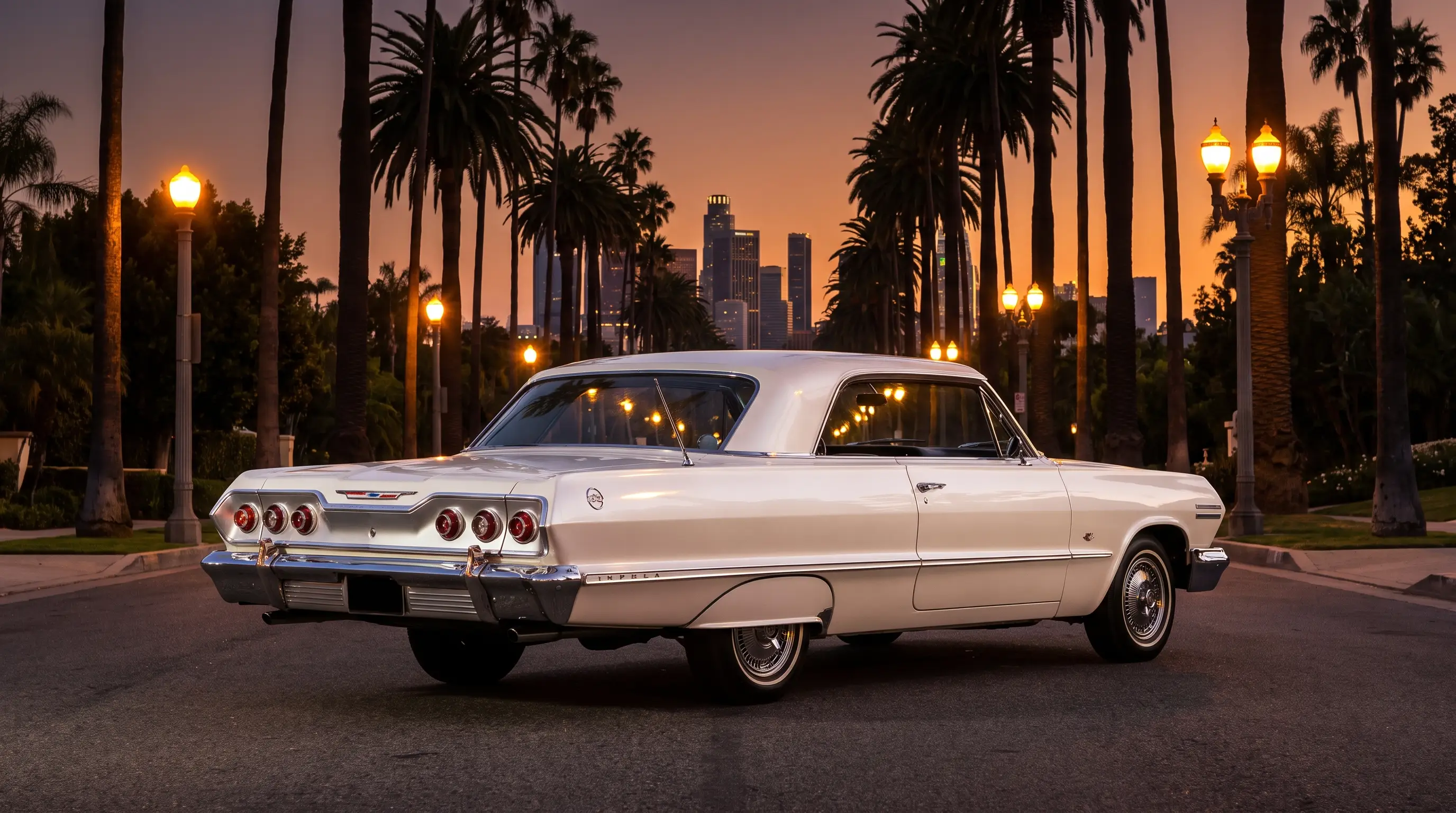 Pearl white 1963 Impala with flat roofline on a palm lined boulevard at dusk