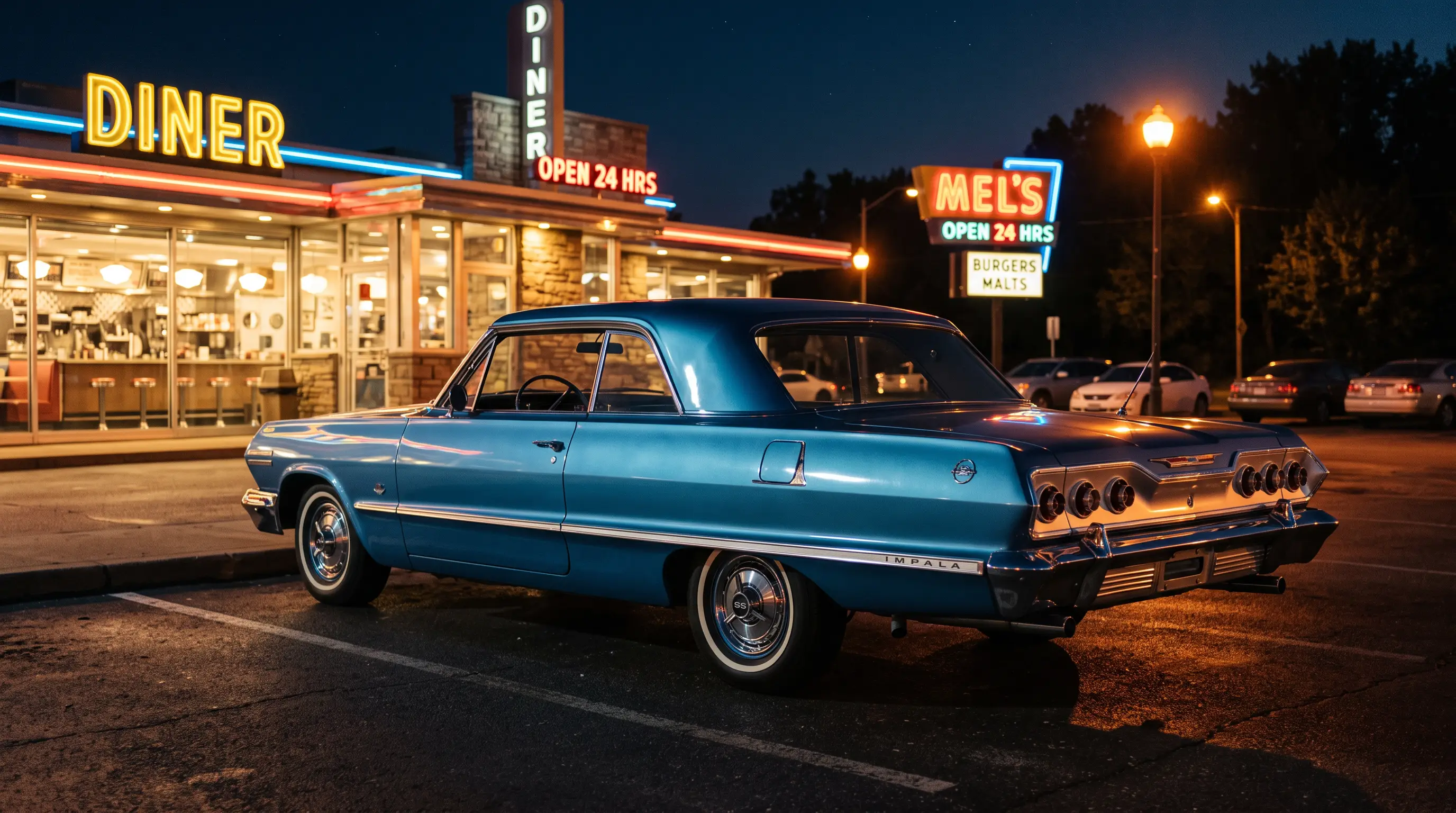 Blue 1963 Chevrolet Impala Sport Coupe with squared roofline outside a diner at night