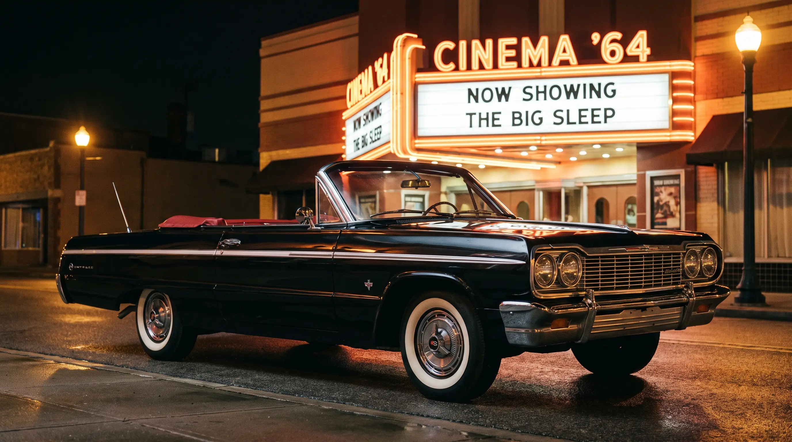 1964 Chevrolet Impala SS convertible under a neon theater marquee at night