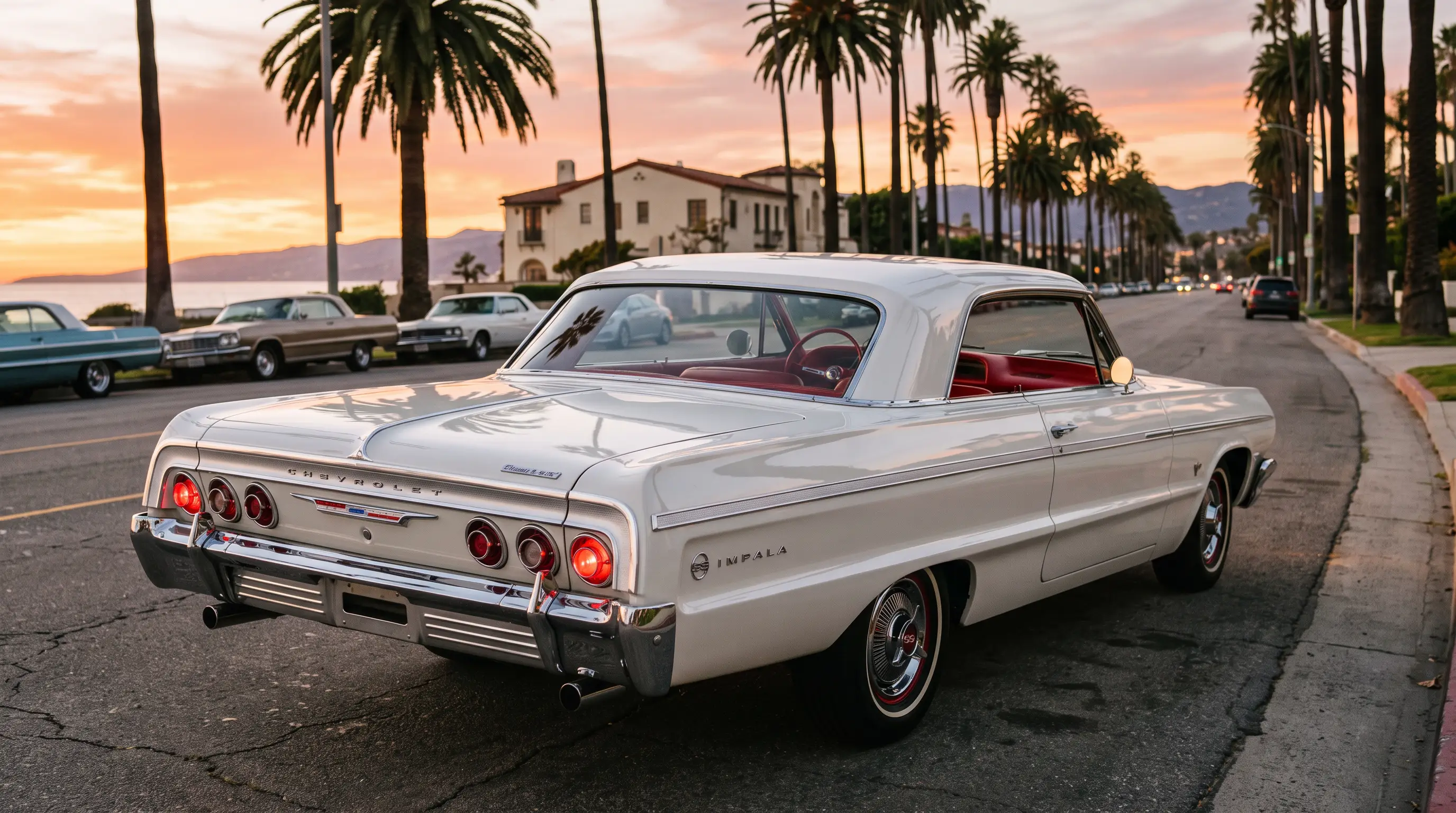 White 1964 Chevrolet Impala SS on a palm lined boulevard at sunset