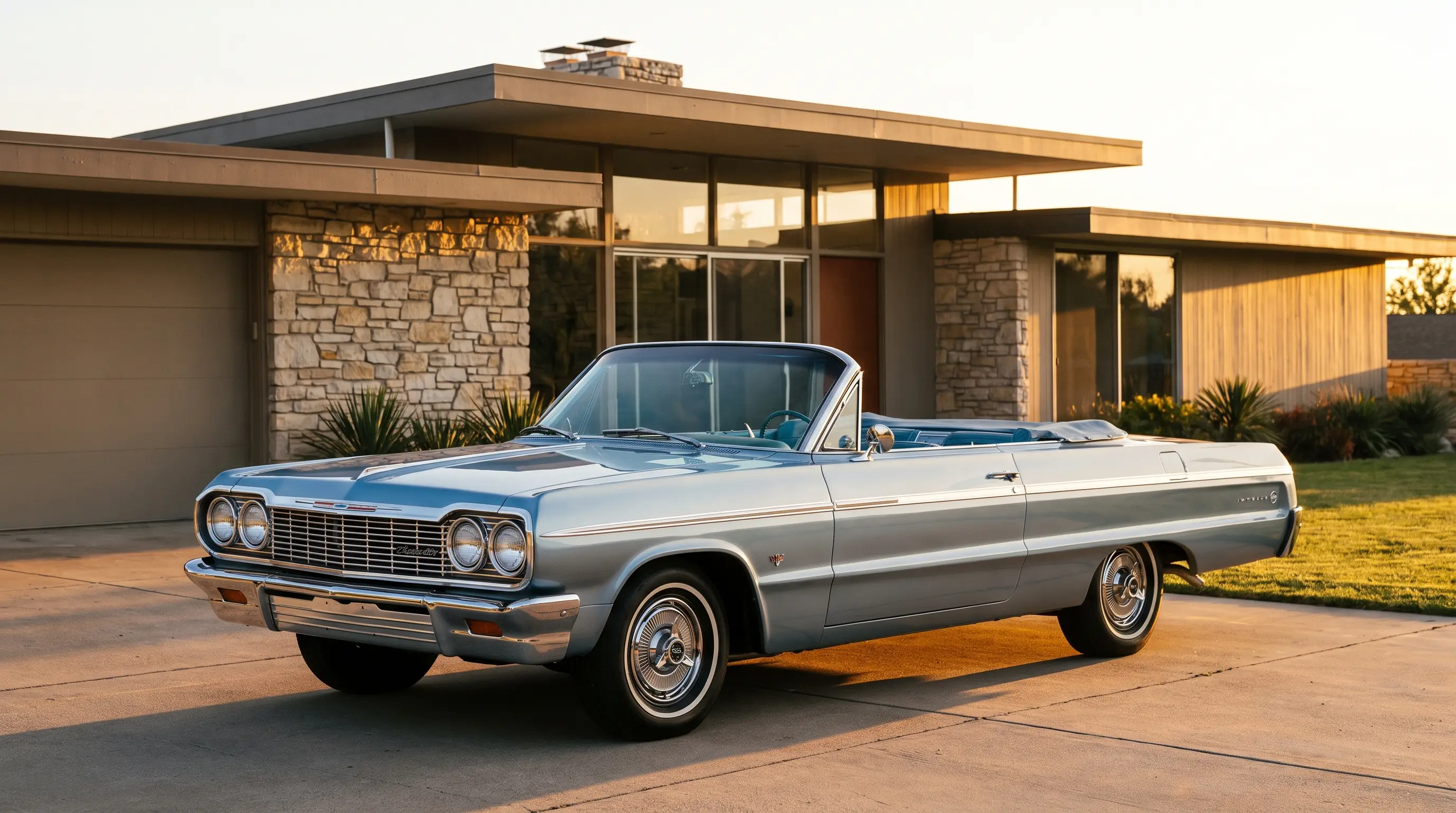 Silver blue 1964 Impala parked outside a suburban house at golden hour