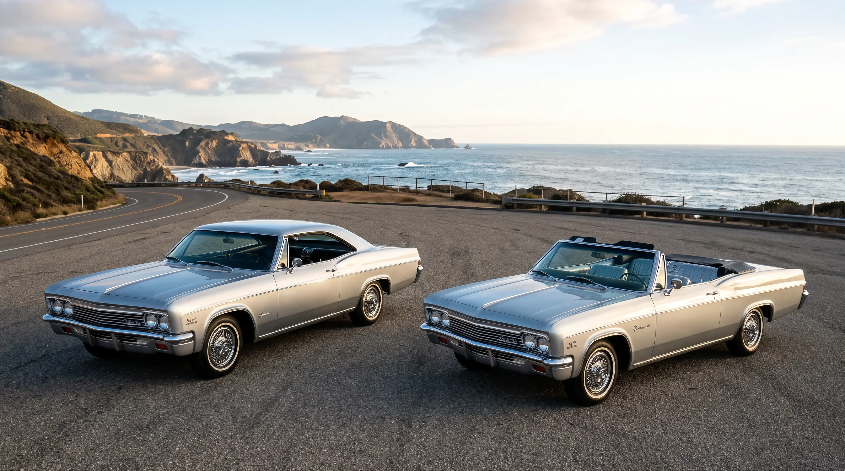 Silver 1965 to 1966 Chevrolet Impala coupe and convertible on a coastal overlook road