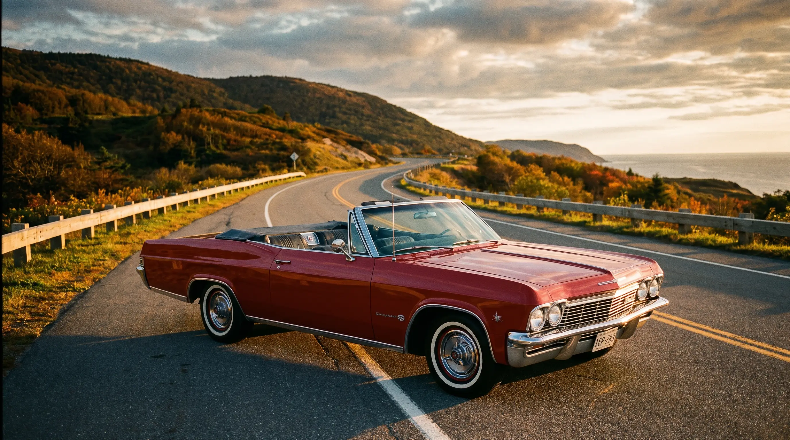 1965 Chevrolet Impala SS convertible with top down on a scenic road