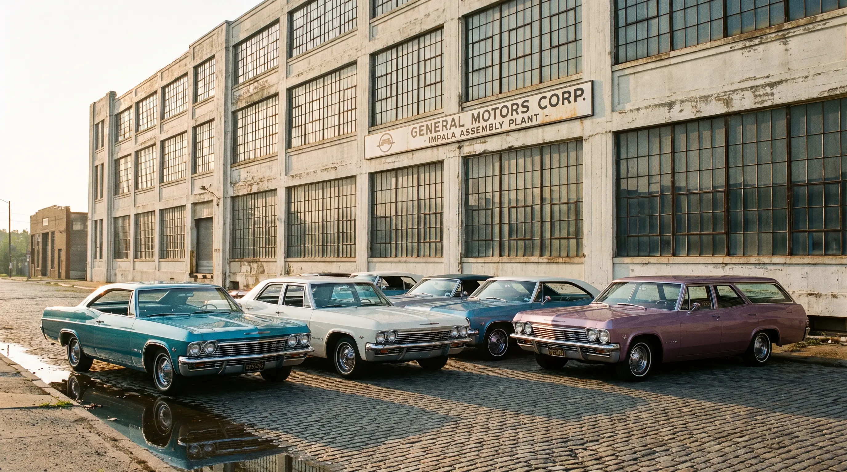 Row of 1965 Chevrolet Impalas in coupe, sedan and convertible styles outside a vintage factory