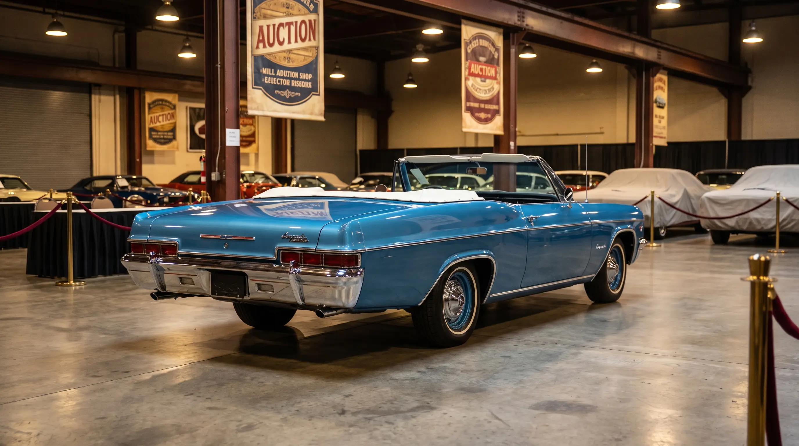 Blue 1966 Chevrolet Impala SS convertible at a classic car auction preview