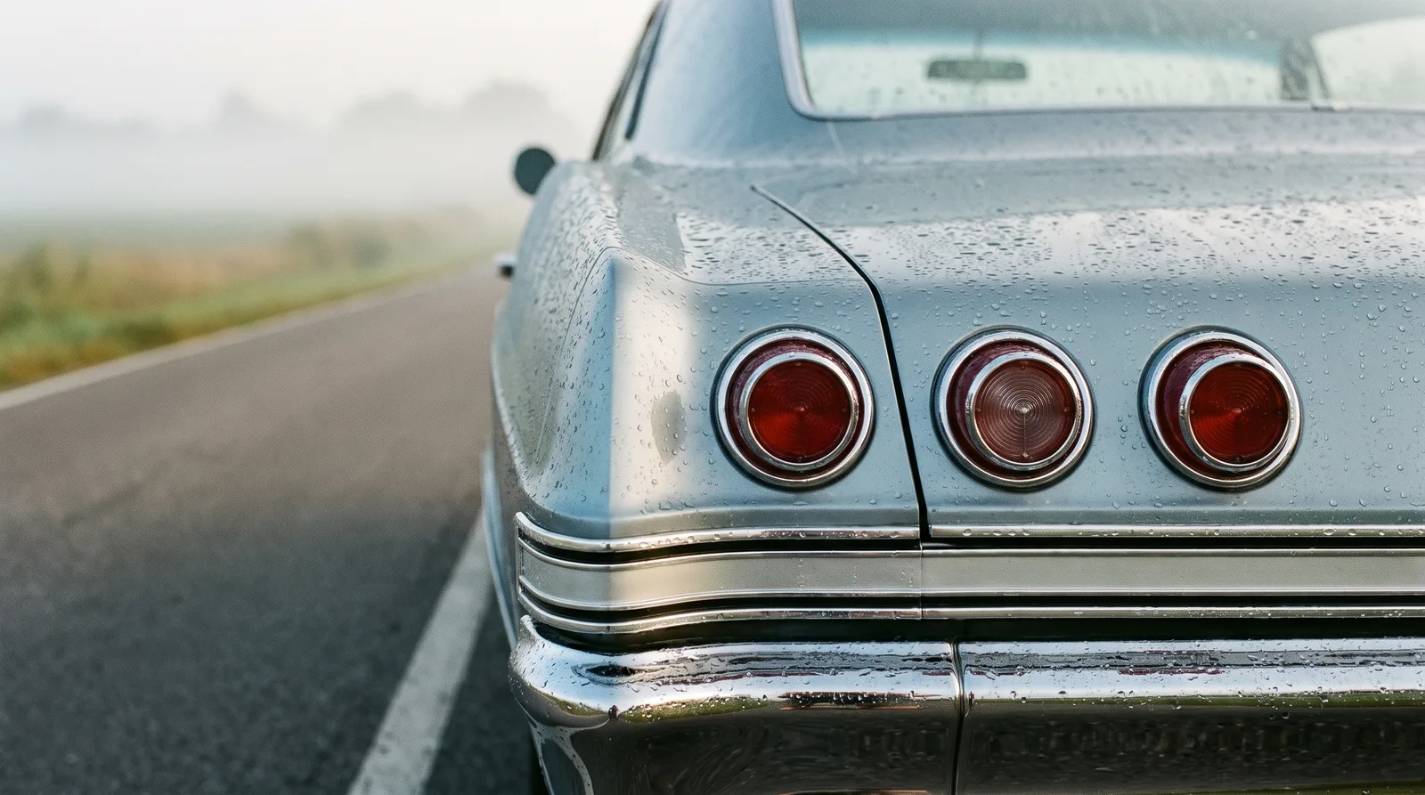 1965 Chevrolet Impala — triple taillights in early morning mist