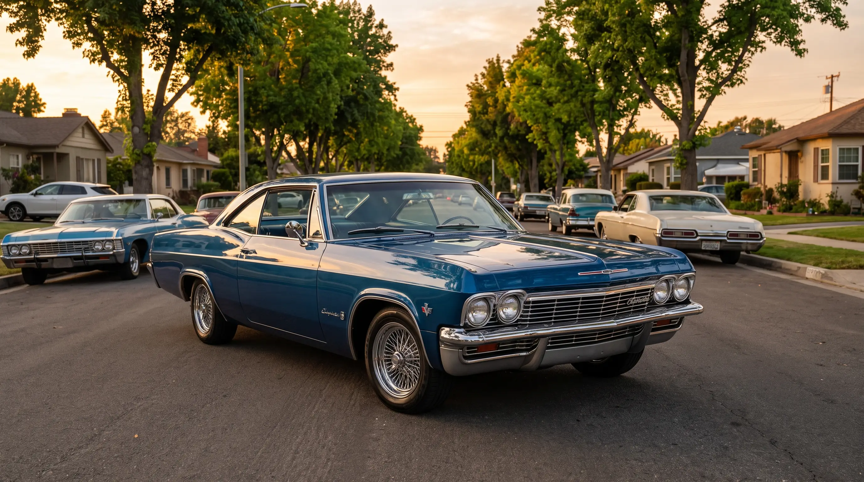 1965 Chevrolet Impala with new lower wider body on a golden hour boulevard