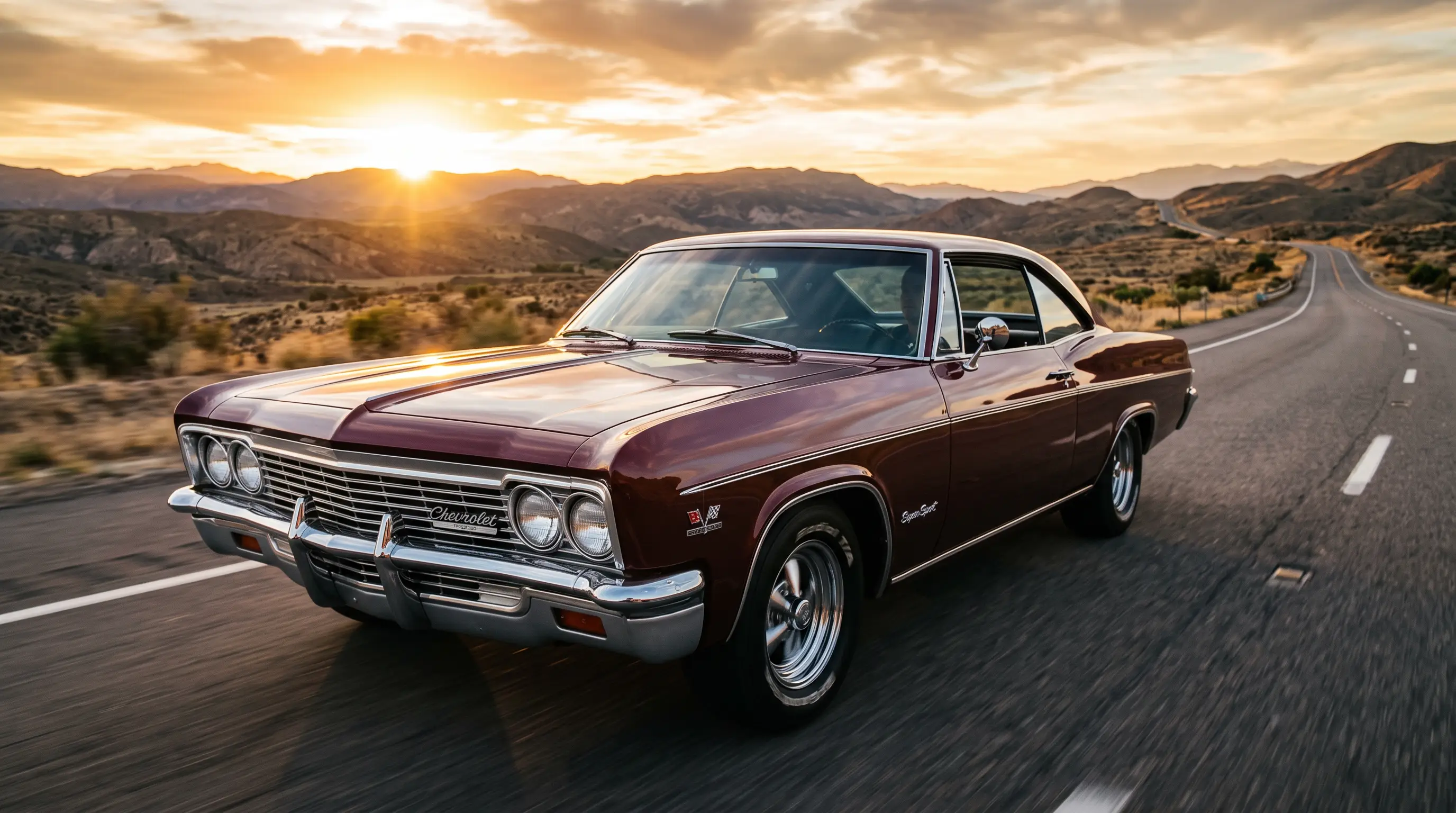 1966 Chevrolet Impala SS with 427 badging on an open highway