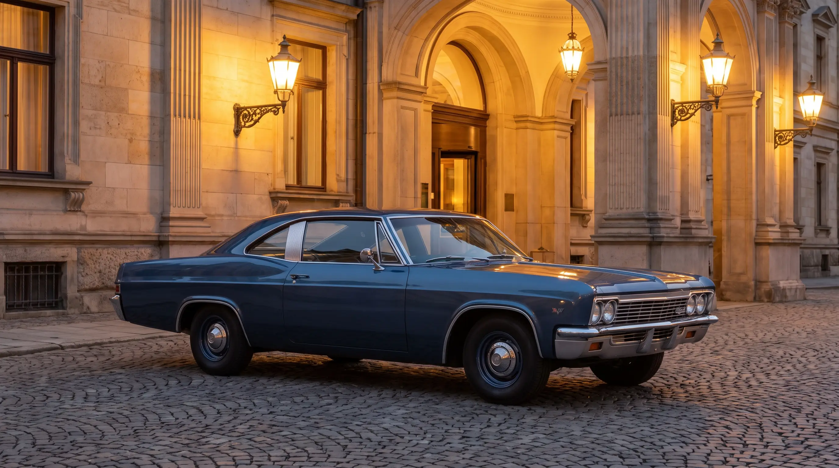 1966 Chevrolet Caprice luxury coupe parked outside an elegant hotel entrance at twilight