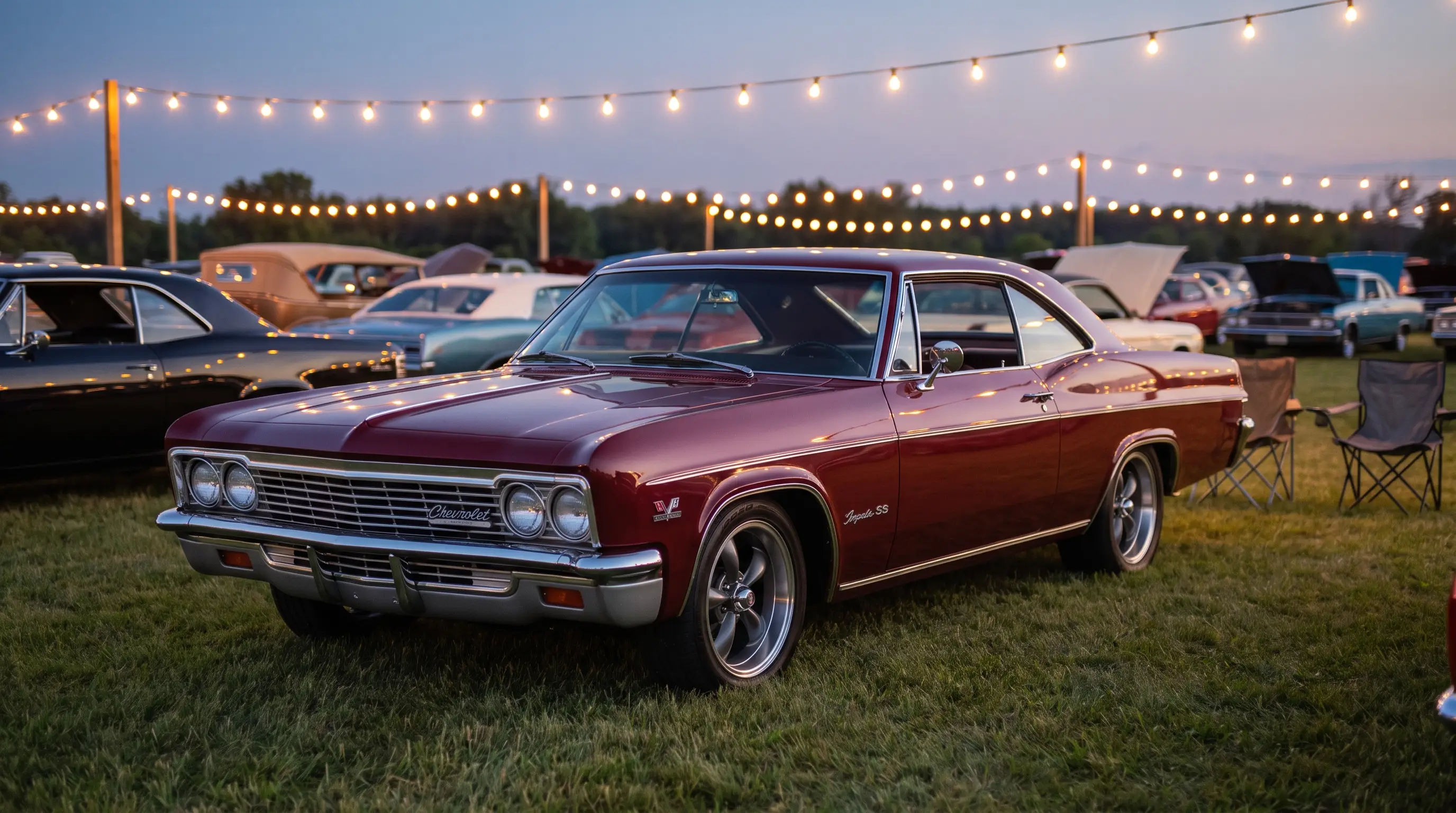 Maroon 1966 Chevrolet Impala SS coupe at a classic car show under evening string lights