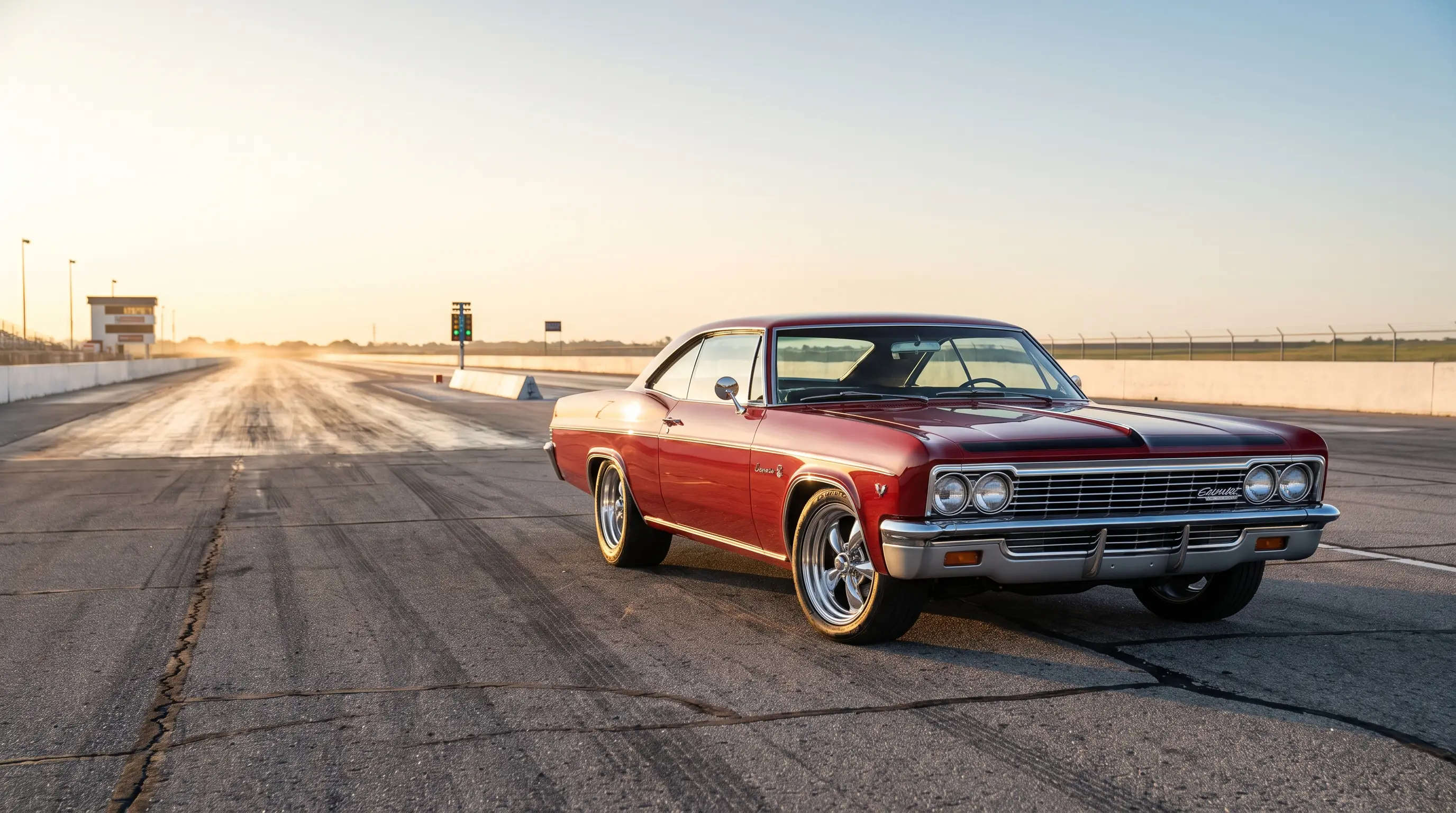 Red 1966 Chevrolet Impala SS 427 parked on an asphalt drag strip at sunrise