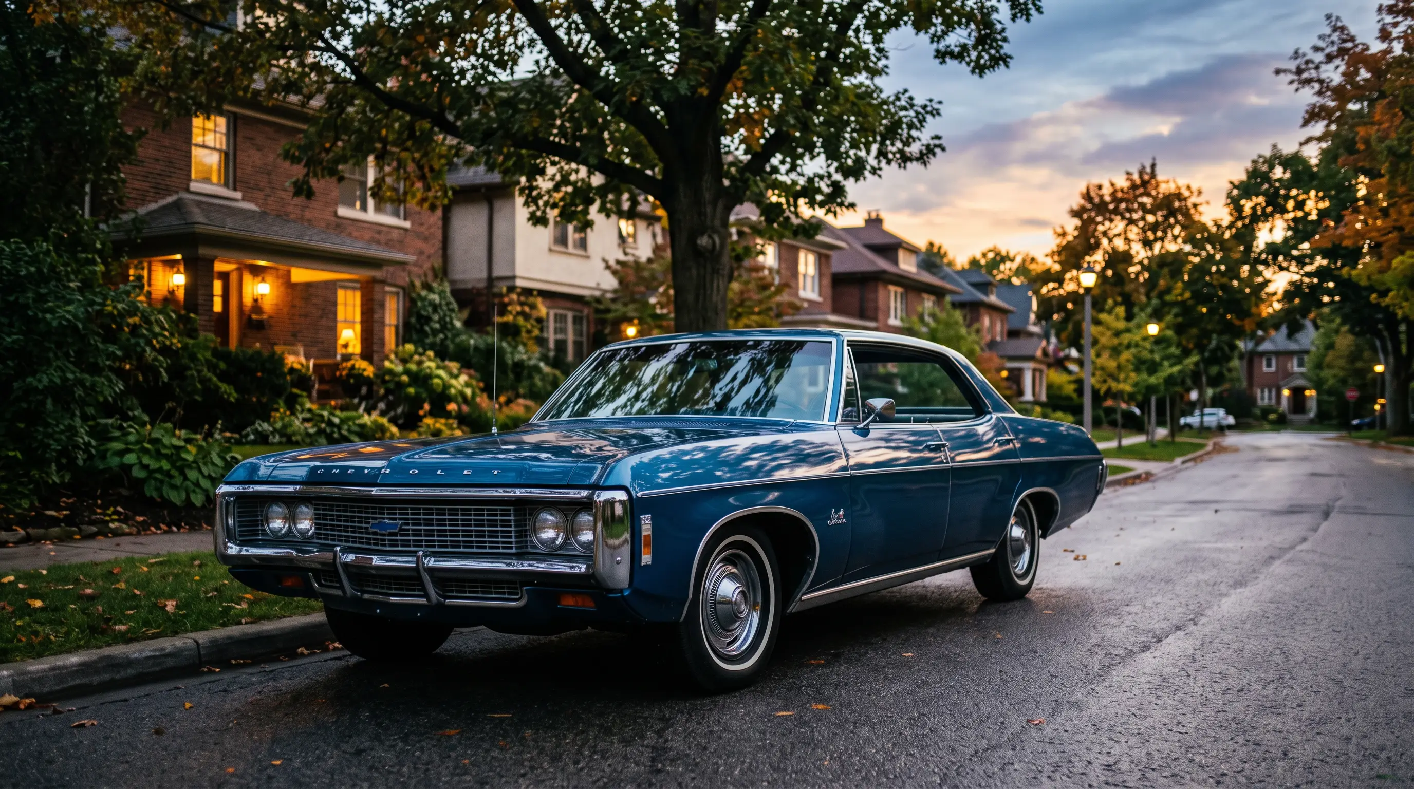 Blue 1969 Chevrolet Impala hardtop with no B pillar on a tree lined street