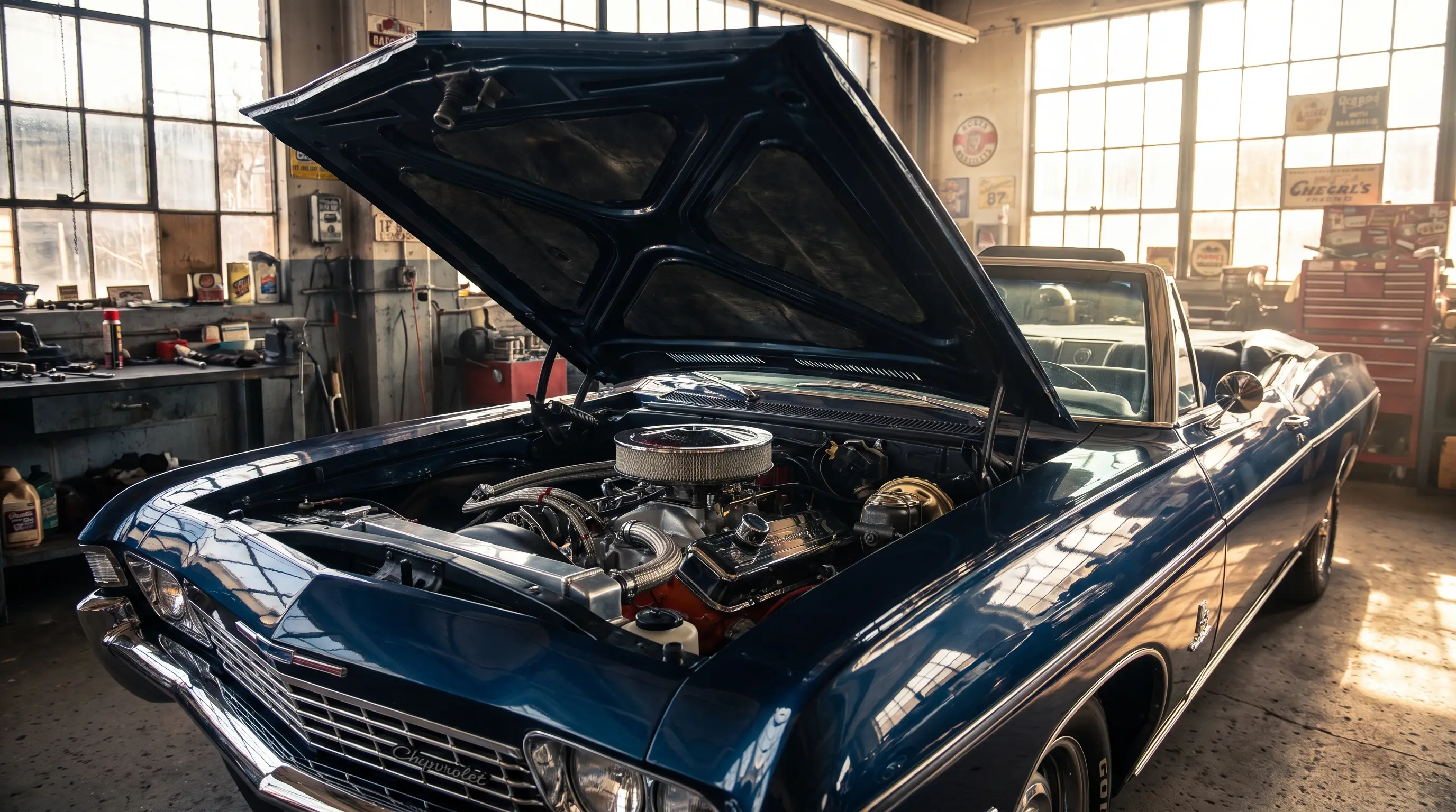 1968 Impala SS with hood open showing chrome 396 big block V8 engine