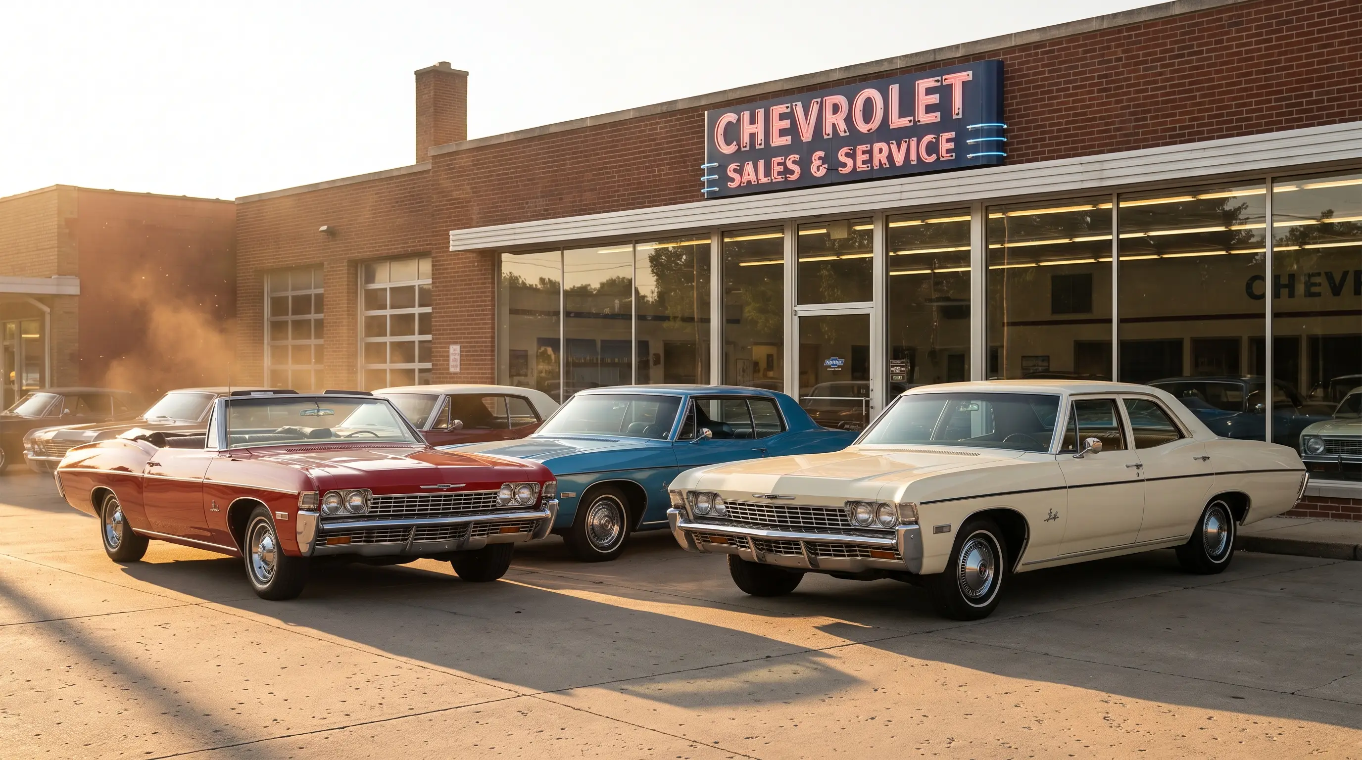 Row of 1968 Chevrolet Impalas in different body styles outside a vintage dealership