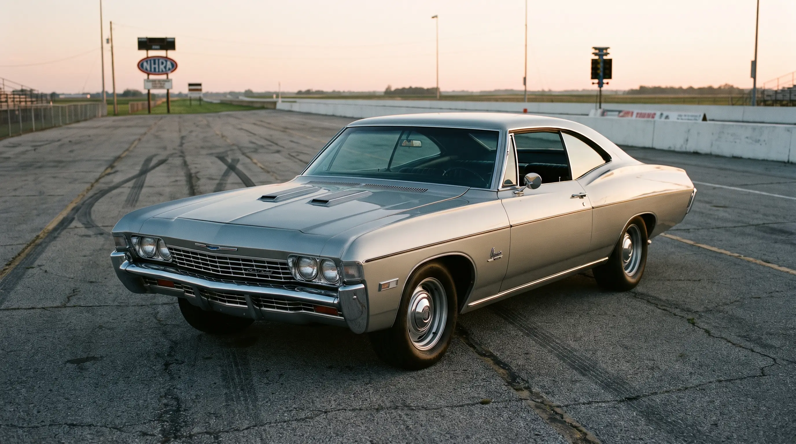Silver 1968 Chevrolet Impala 427 at a drag strip at dawn