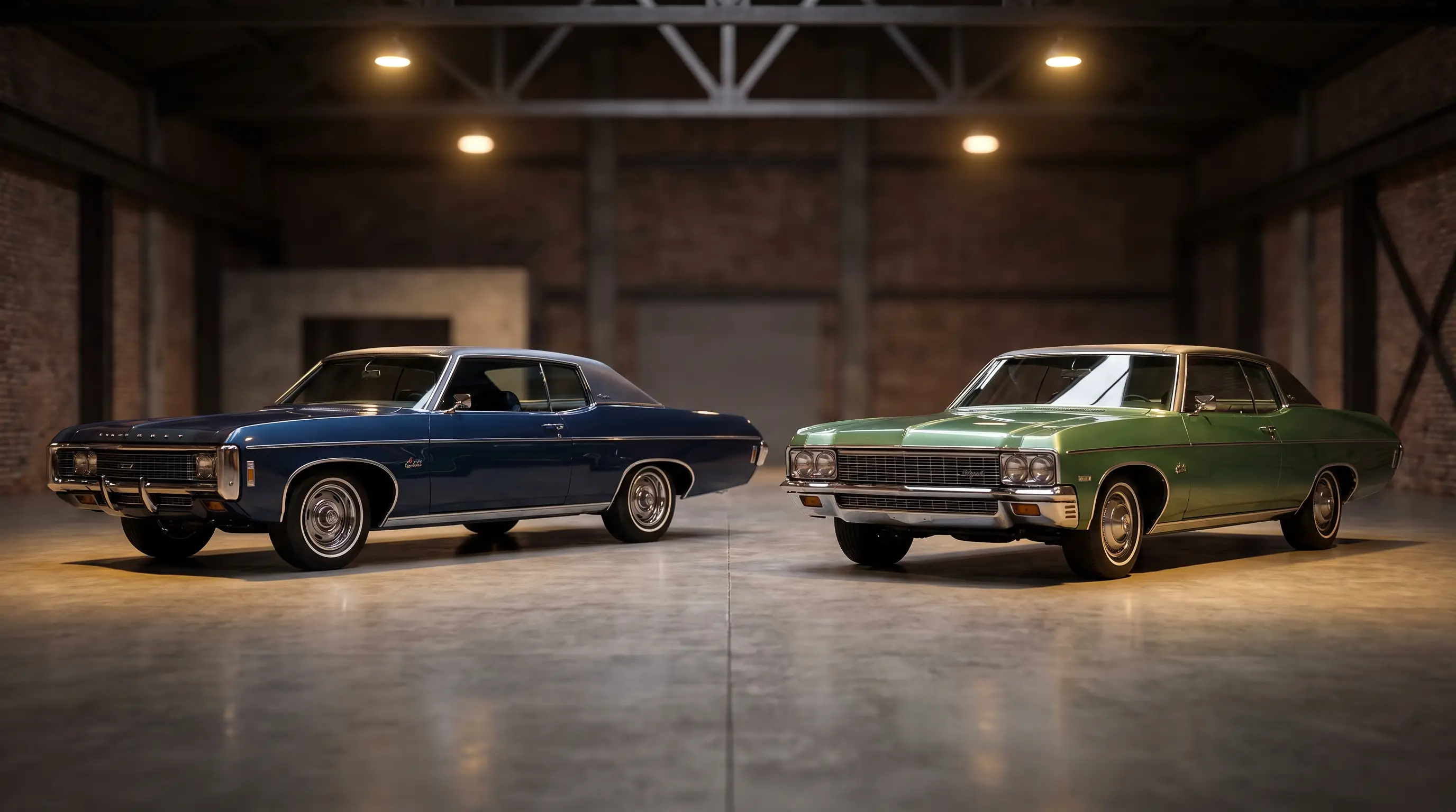 1969 and 1970 Chevrolet Impala side by side under dramatic showroom lighting